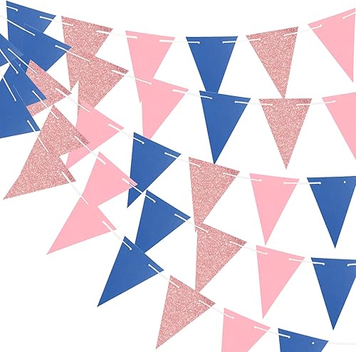 Anwyll Banderines de banderín, banderas triangulares de 39 pies, banderín de papel rosa azul y oro rosa para gran apertura, celebraciones de fiesta,