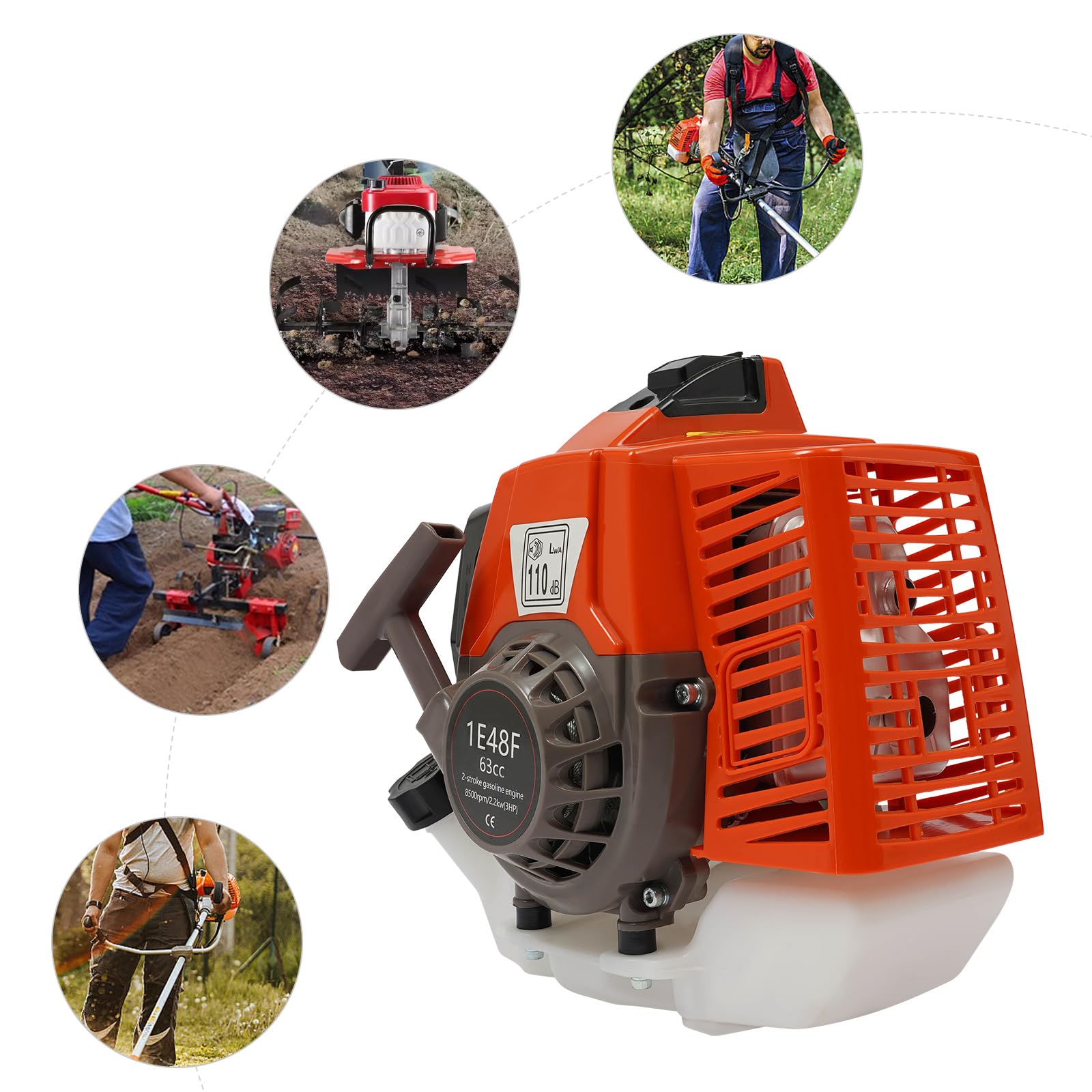 Silnik benzynowy 2,2 kW / 8500 obr./min, silnik dwusuwowy 63 cm³, chłodzony powietrzem, silnik do kosiarki 1 l i 3 KM – do podkaszarki do trawy, maszyn budowlanych i urządzeń rolniczych