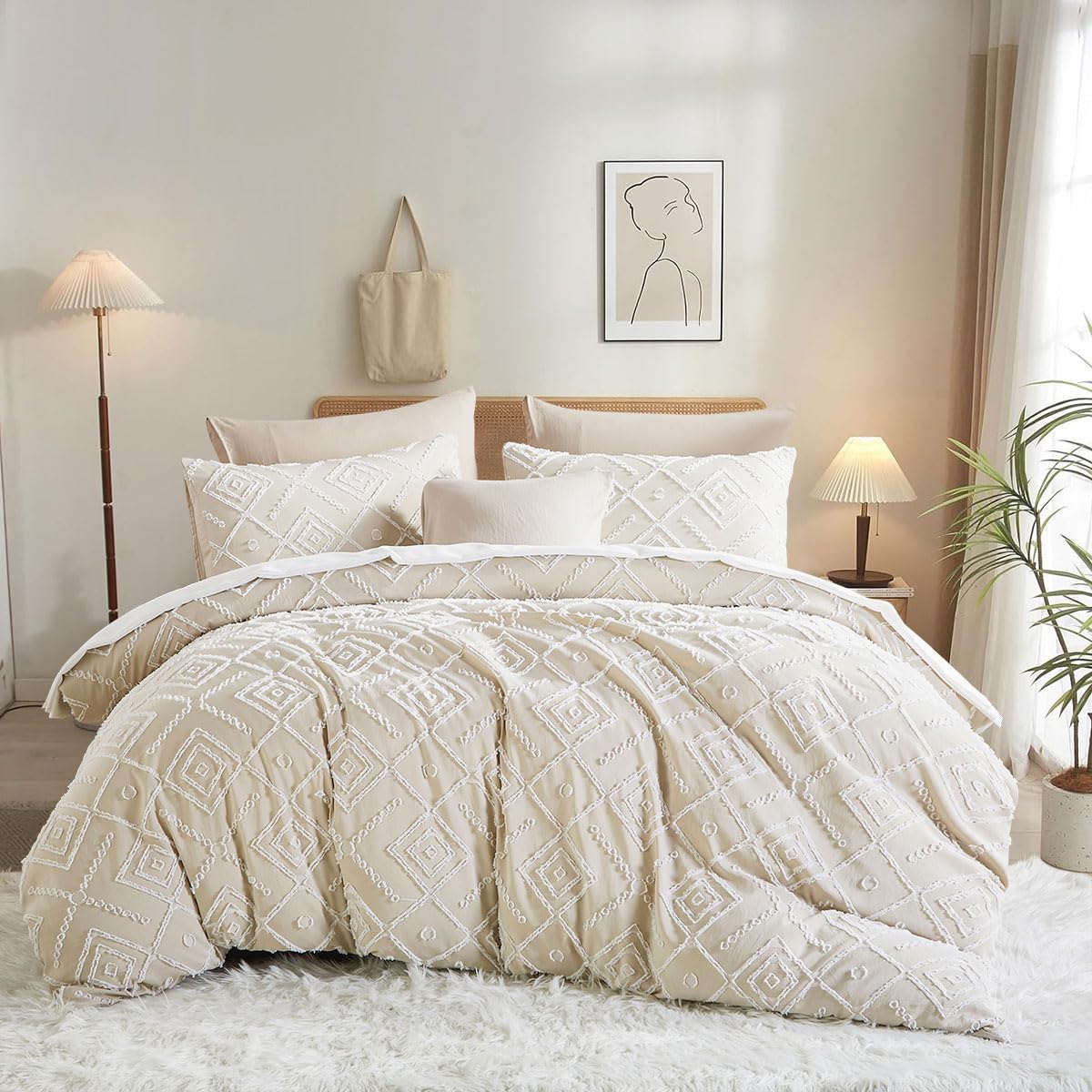 Sedefen Boho Bettwäsche 135x200 cm Beige Getuftet Geometrisch Muster Wendebettwäsche Set Stickerei Shabby Chic Böhmen Bettbezug mit Reißverschluss und 1 Kissenbezug 80x80cm