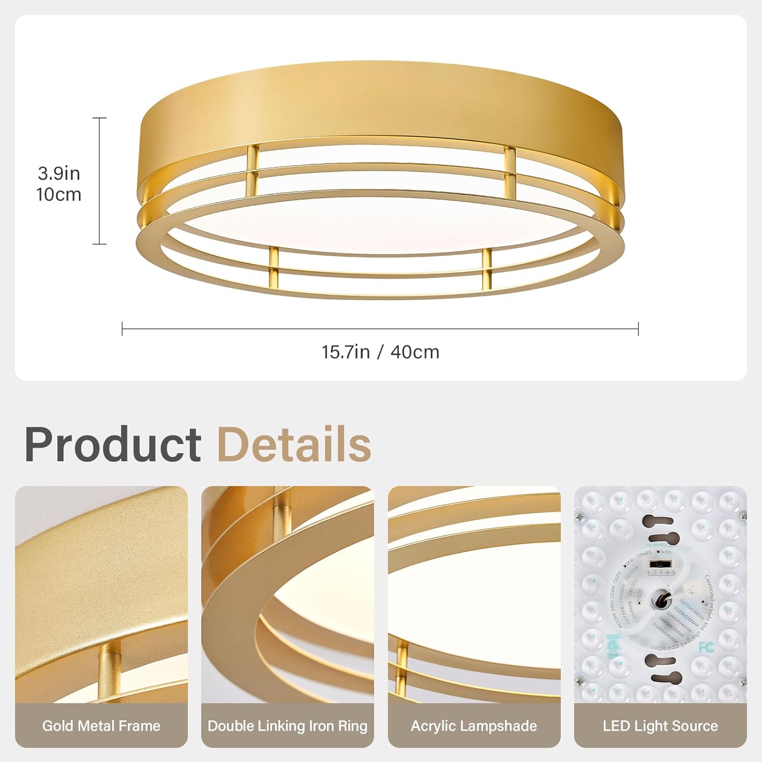 Gold Flush Mount Ceiling Light, Modern Dimmable LED Light Fixture, Minimalist Metal Ceiling Lamp for Bedroom Kitchen Laundry Room Hallway Entry 2700 K - 6000 K 5CCT 15.7 Inch