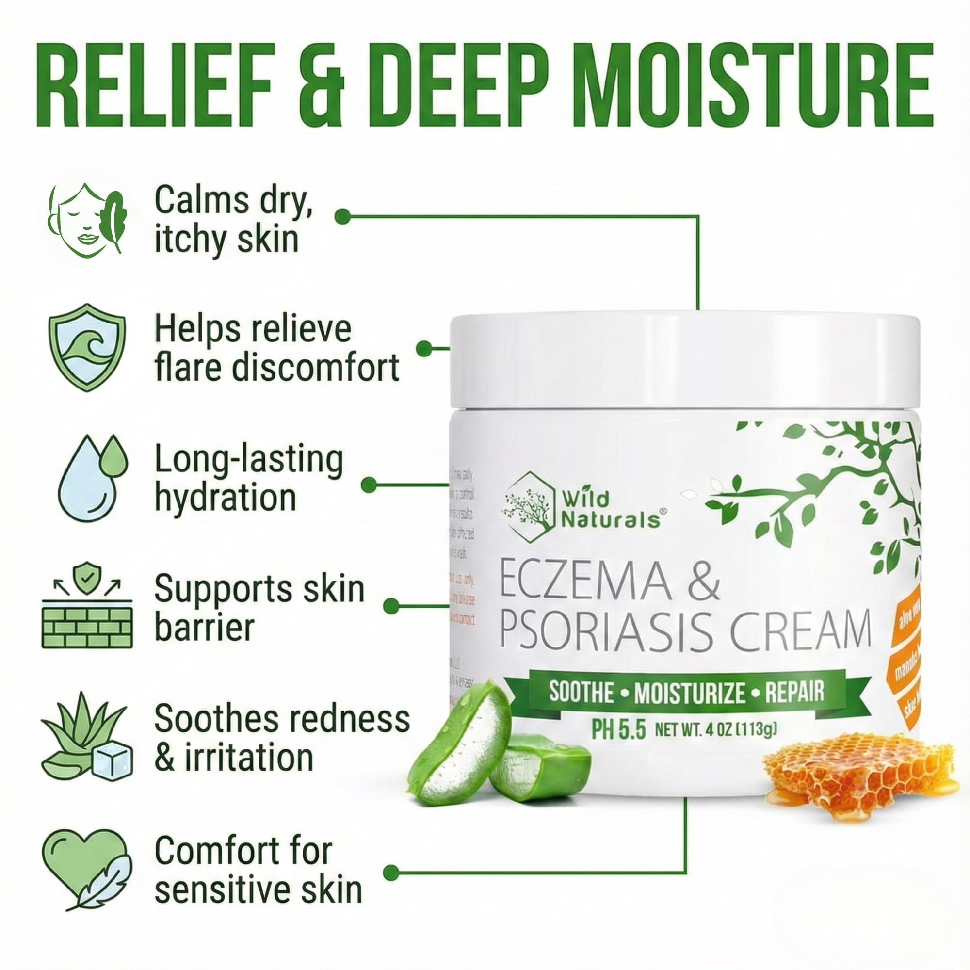 Wild Naturals Eczema & Psoriasis Cream for Dry, Itchy Skin – Eczema Relief for Adults & Kids – Moisturizing Psoriasis Cream with Manuka Honey — Amazon image 2
