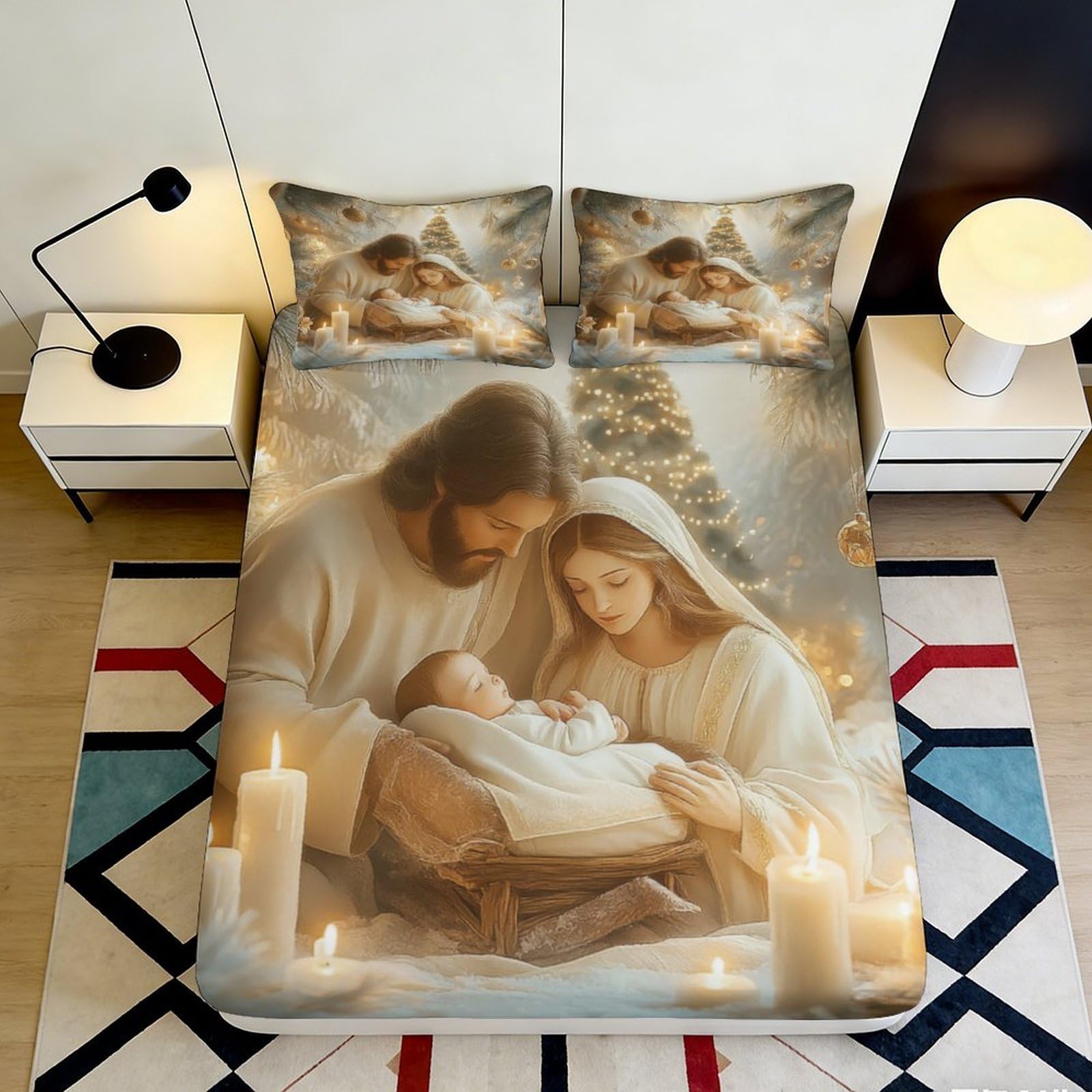 Pnayamiorkfel Style-8 3D Printed Nativity Scene Fitted Sheet Microfiber Soft Christmas Candlelight Bed Cover For Bedroom Guest Room Decor 90X200x25cm