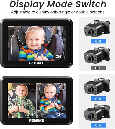 Miniatura 5 de FEISIKE Cámara de coche para bebé, 1080P de doble canal con pantalla de 5 pulgadas, espejo de coche para bebé con 2 cámaras de visión nocturna IR,