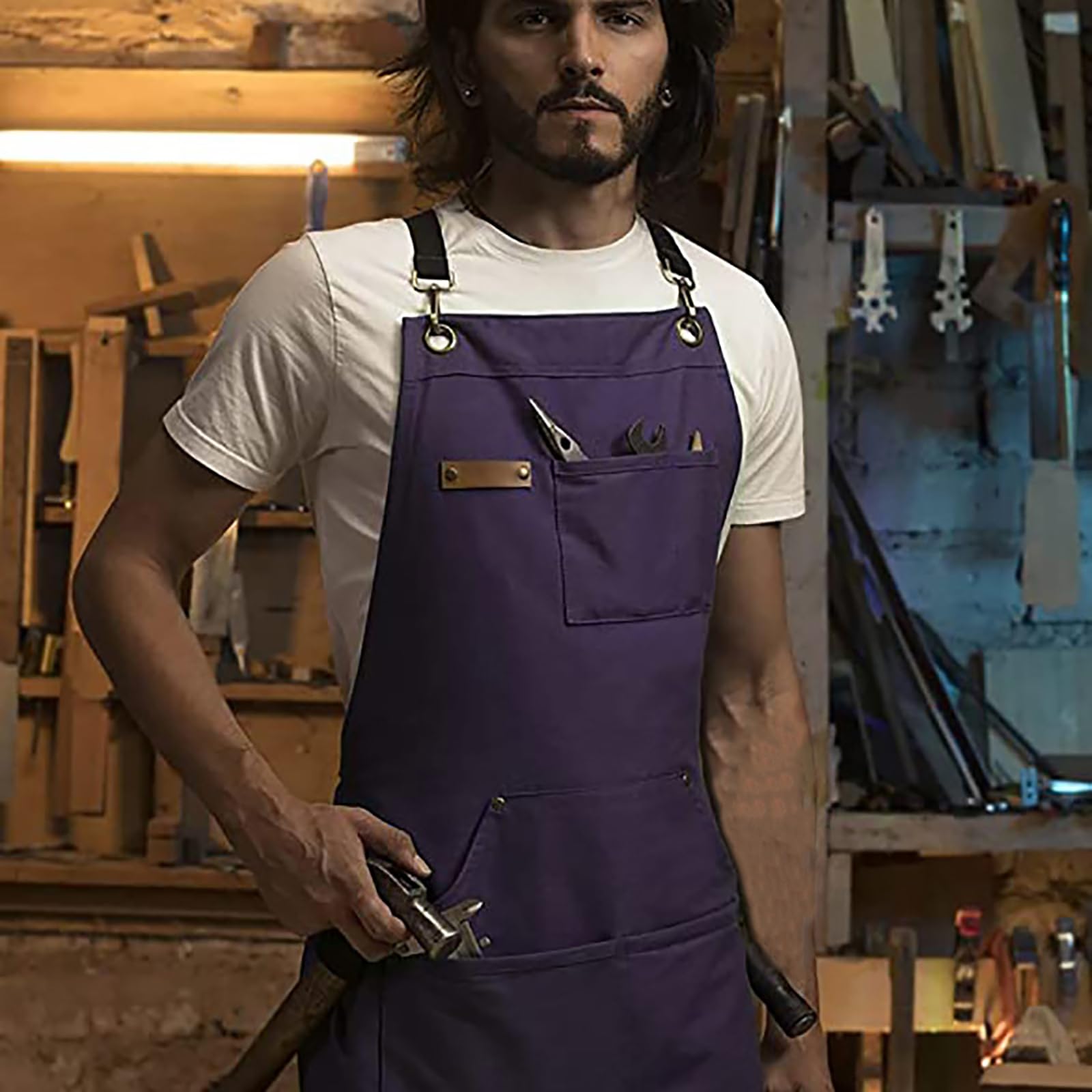 Delantal De Cocina con Pechera Y Espalda Cruzada Ajustable, De Lona De Algodón, con Bolsillos, para Mujeres Y Hombres Blue,One Size
