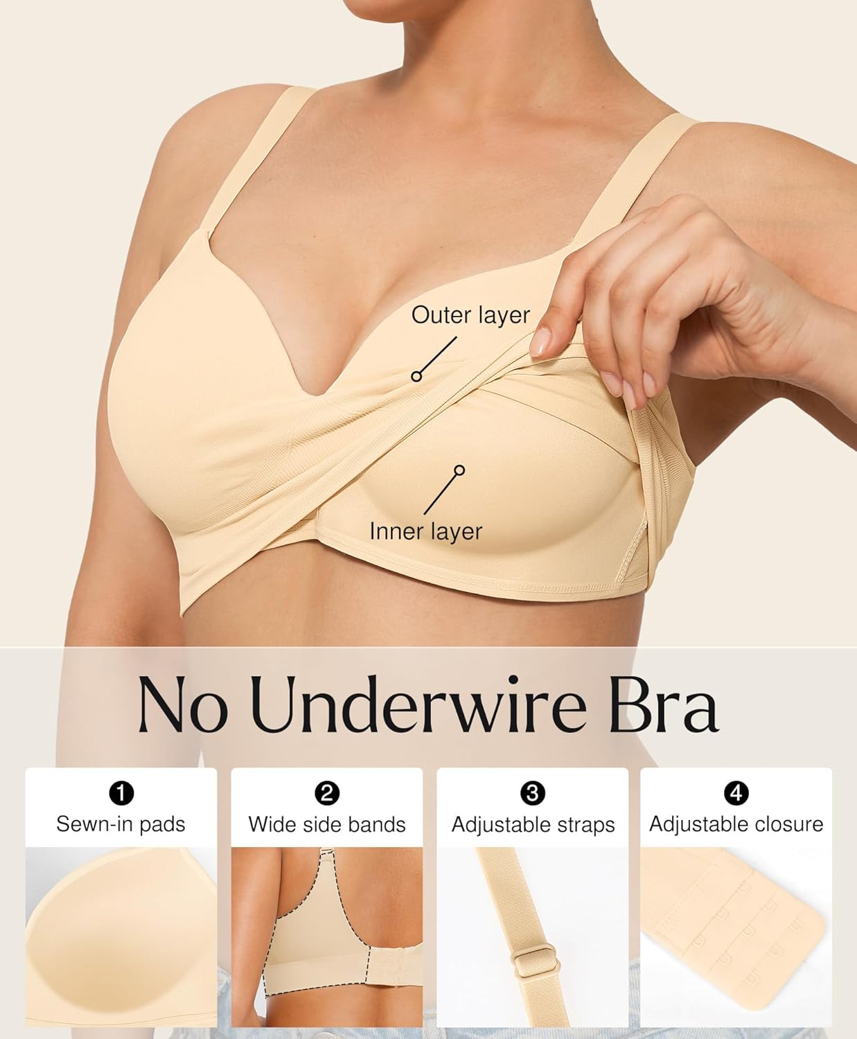 Popilush Bras for Women No Underwire Supportive Push Up Bralettes Wireless Full Coverage Plus Size T-Shirt Bra Skin - Image 2