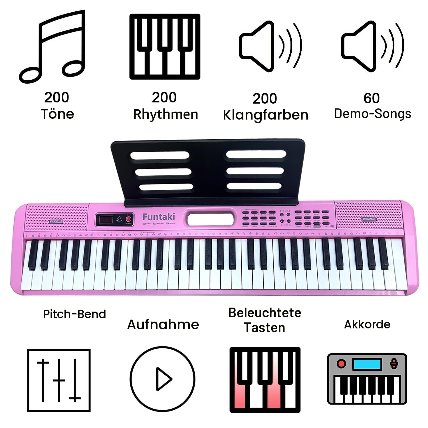 Elektronisches Keyboard Piano mit 61 Tasten für Erwachsene und Kinder mit leuchtenden Tasten, MIDI-Konnektivität und Lernmodi – perfektes Anfängerklavier Rosa