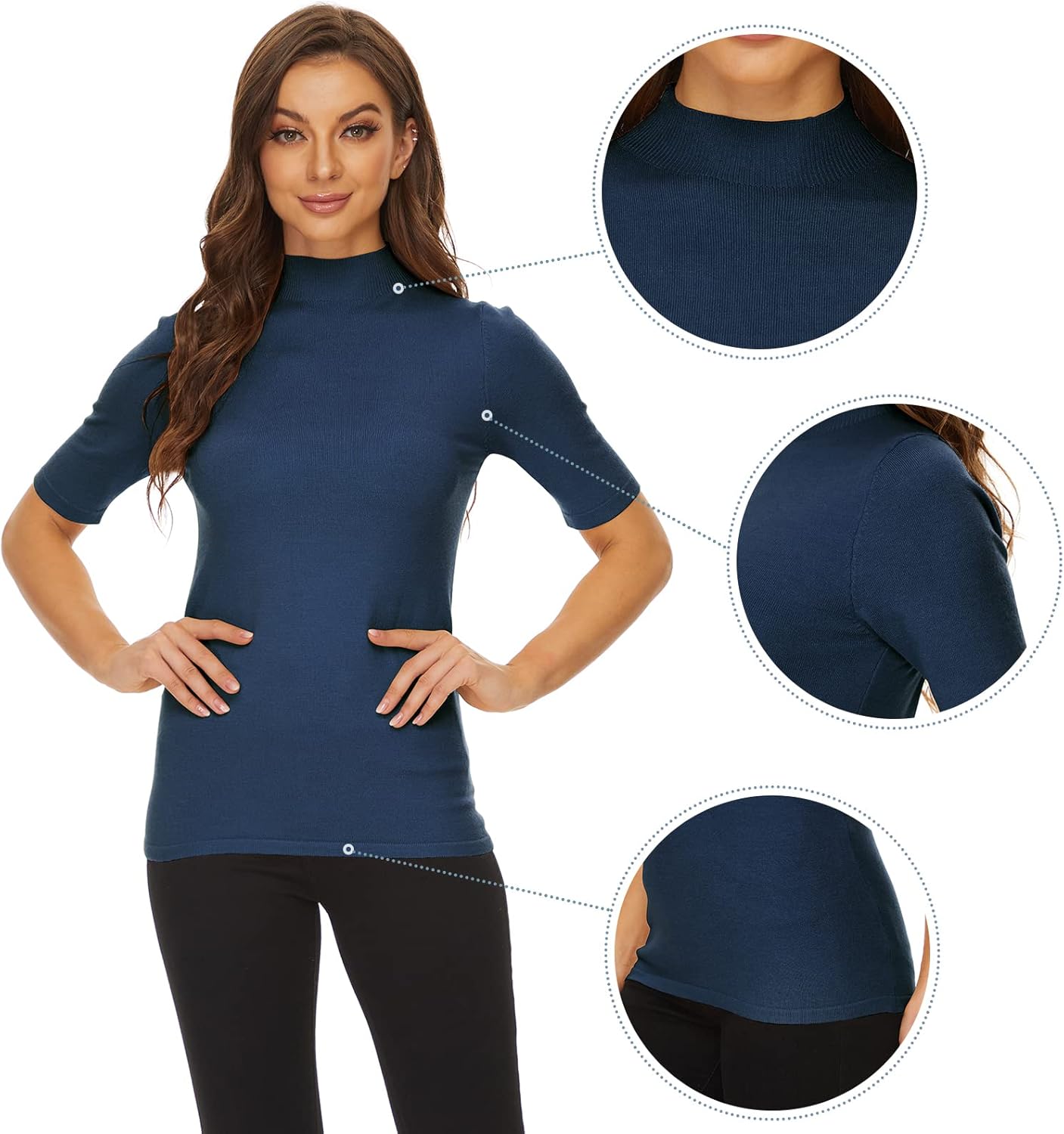Anbenser Women’s Short Sleeve Mock Pullover Sweater Knit Jersey Top Slim Fit (Navy, S) - Image 5