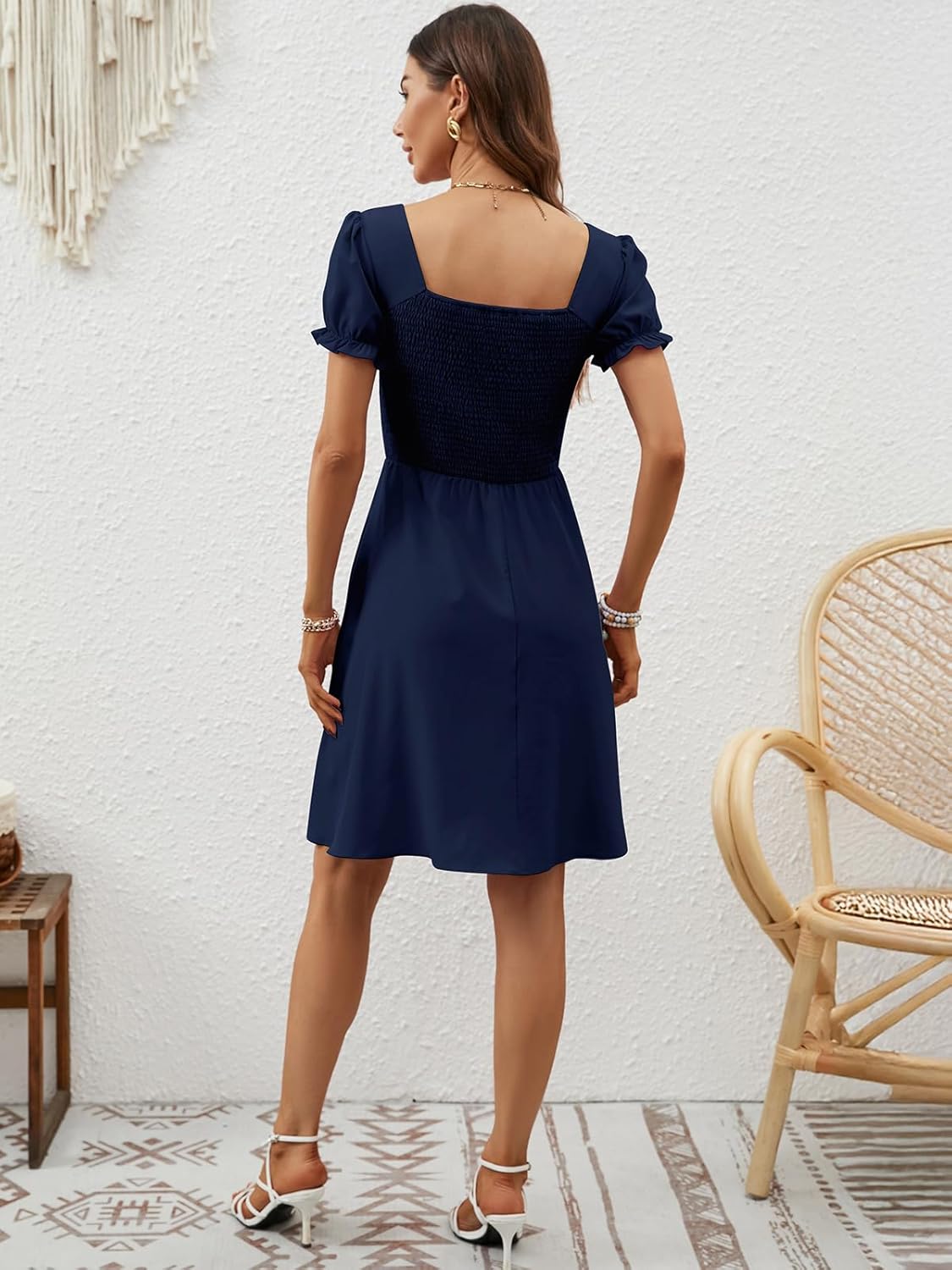 Berydress Women's Summer Dresses 2025 Pockets Short Sleeve Square Neck Flowy A Line Casual Beach Smocked Mini Sun Dress - Image 2