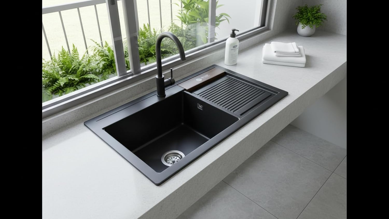 Galley Kitchen Sink for Laundry Balcony Household Use 32x20 Inch Black Color Granite Sink | Laundry Sink with Washboard One-Piece Large Made Kitchen Sink | Washboard, Grid Drain, for Laundry Balcony