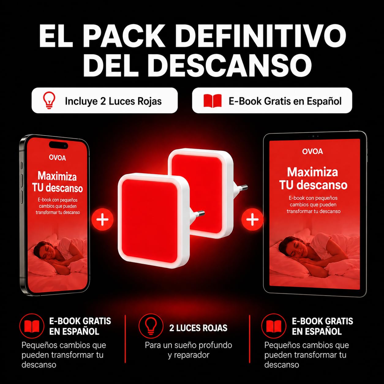 Luz Roja Nocturna Enchufable | Pack de 2 + Ebook | Luces Rojas Nocturna Melatonina para Dormir Mejor | Luz Roja Bebé y Luces Rojas Enchufe Antiflicker | Noche Relajante Sueño, Descanso y Bienestar