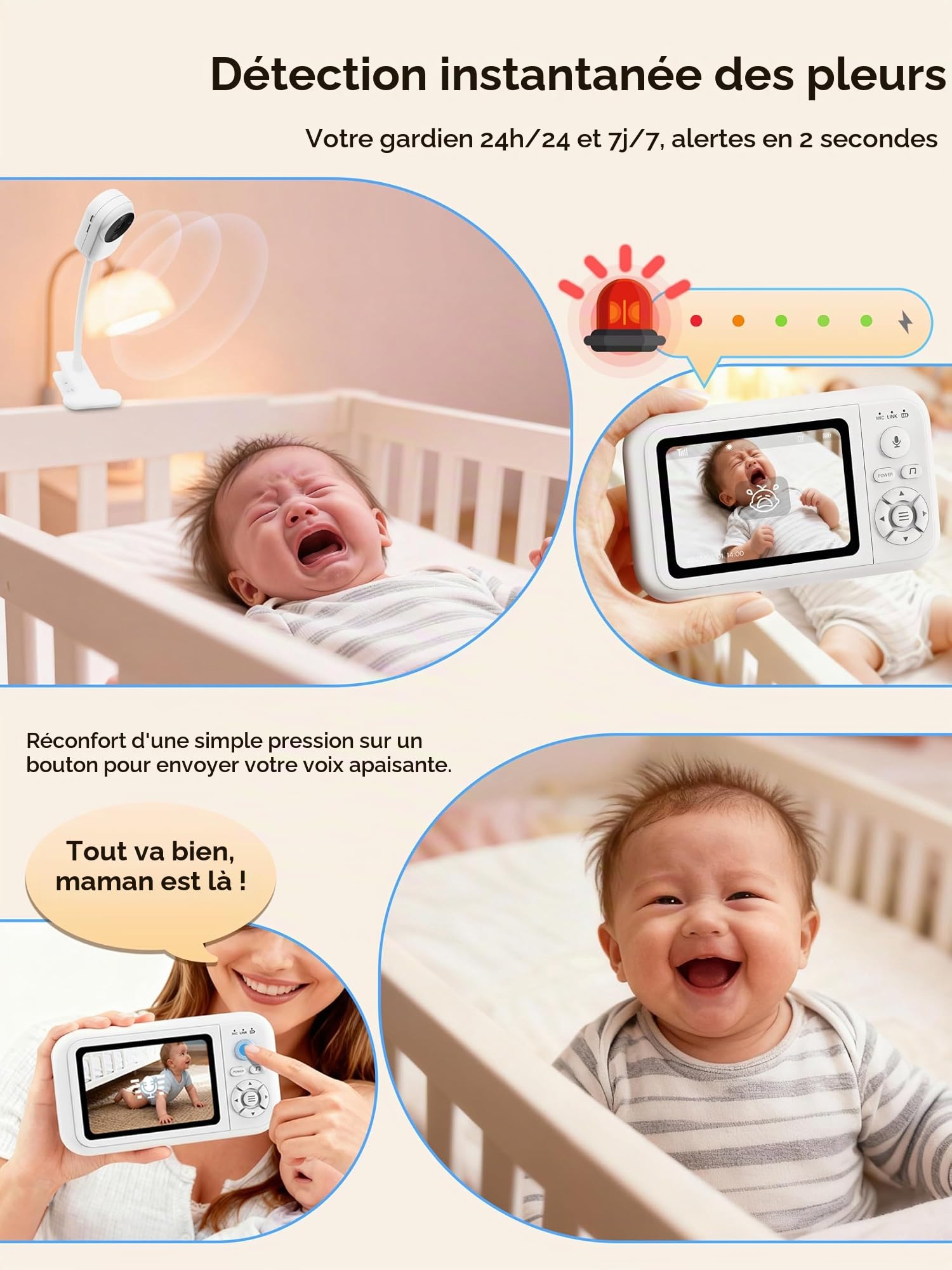 NUOTUN Babyphone Camera avec Clip et Support pour Lit, 1080P Camera Bebe Surveillance sans WiFi, Vision Nocturne （63-UK）
