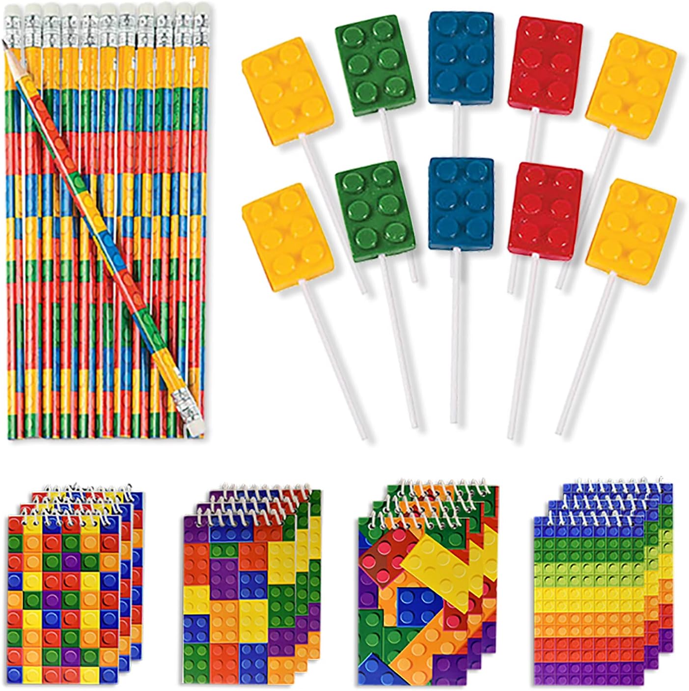 48 Building Blocks Favors - 12 Lollipop Suckers in 4 Flavors + 12 Bracelets + 12 Mini Notepads + 12 Pencils, Brick Birthday Party Supplies and Prizes