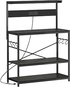 SUPERJARE Bakers Rack with Power Outlets, Microwave Stand, 39.4 X 14.3 Inch Larger Desktop, Kitchen Storage Rack with Adjustable Middle Shelf, 6 S-Shaped Hooks, Coffee Bar Stand, Black