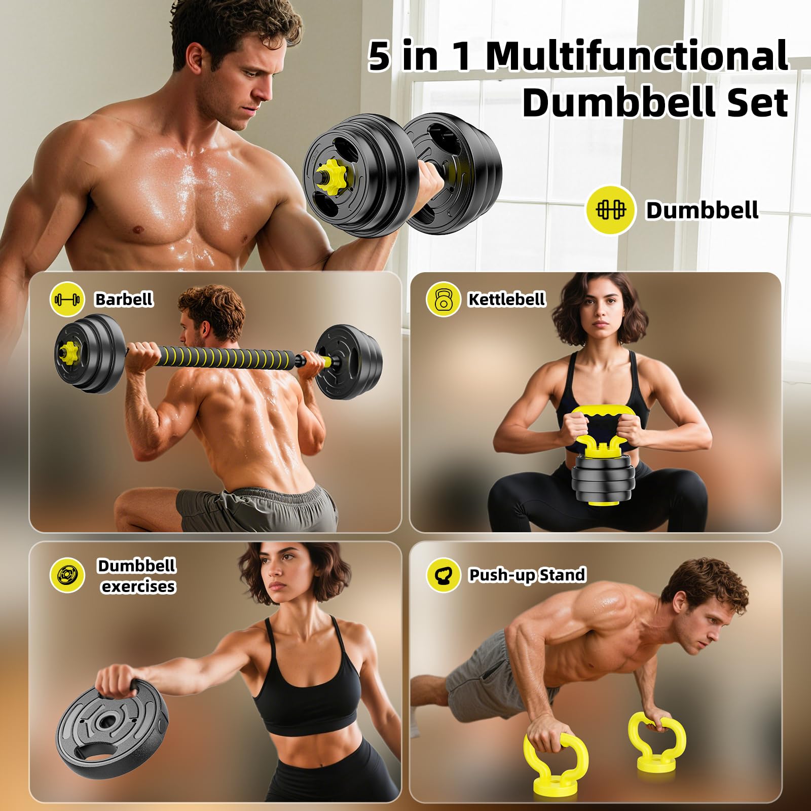 Set di manubri regolabili, pesi liberi da 4,5 a 40,8 kg con connettore, manubri 4 in 1, bilanciere, kettlebell e supporto push-up, set di pesi regolabili per palestra a casa, attrezzature per il