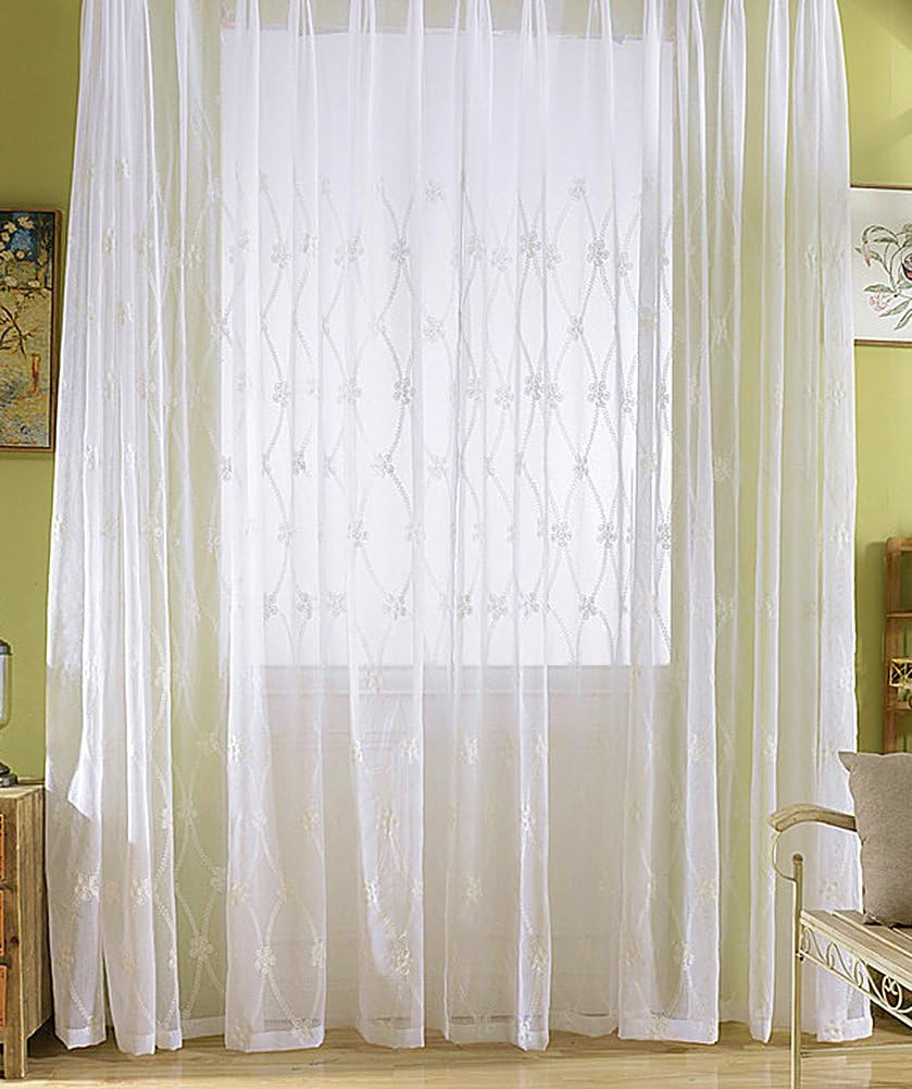 HooHero Simple White Sheer Curtains Geometry Rhombus Circle Pattern Embroidered Design Window Curtain Rod Pocket Voile Home Deocration for Living Dining Room Kitchen Balcony