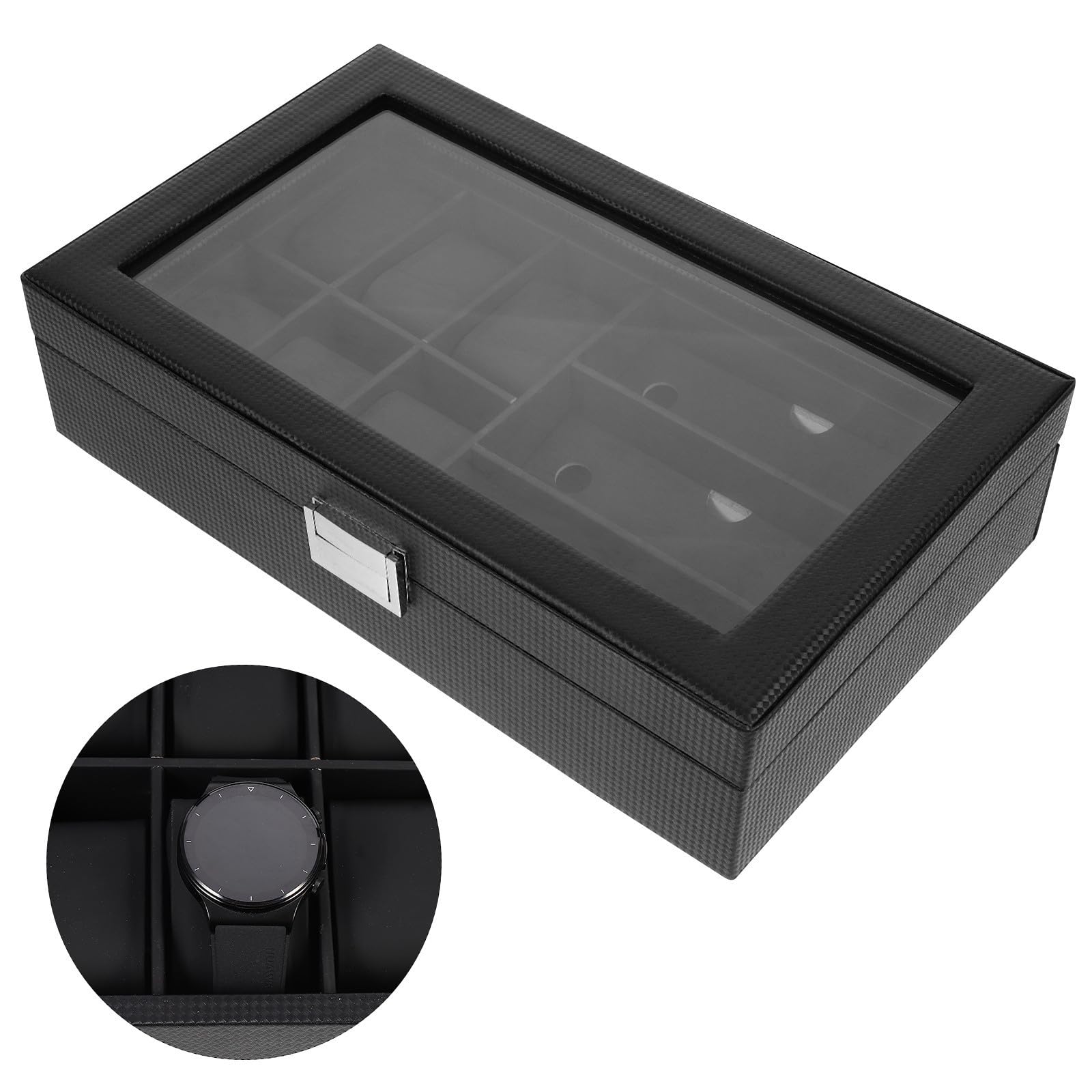 Veemoon Caja para Gafas y Reloj de 6 Compartimentos Vidrio Negro