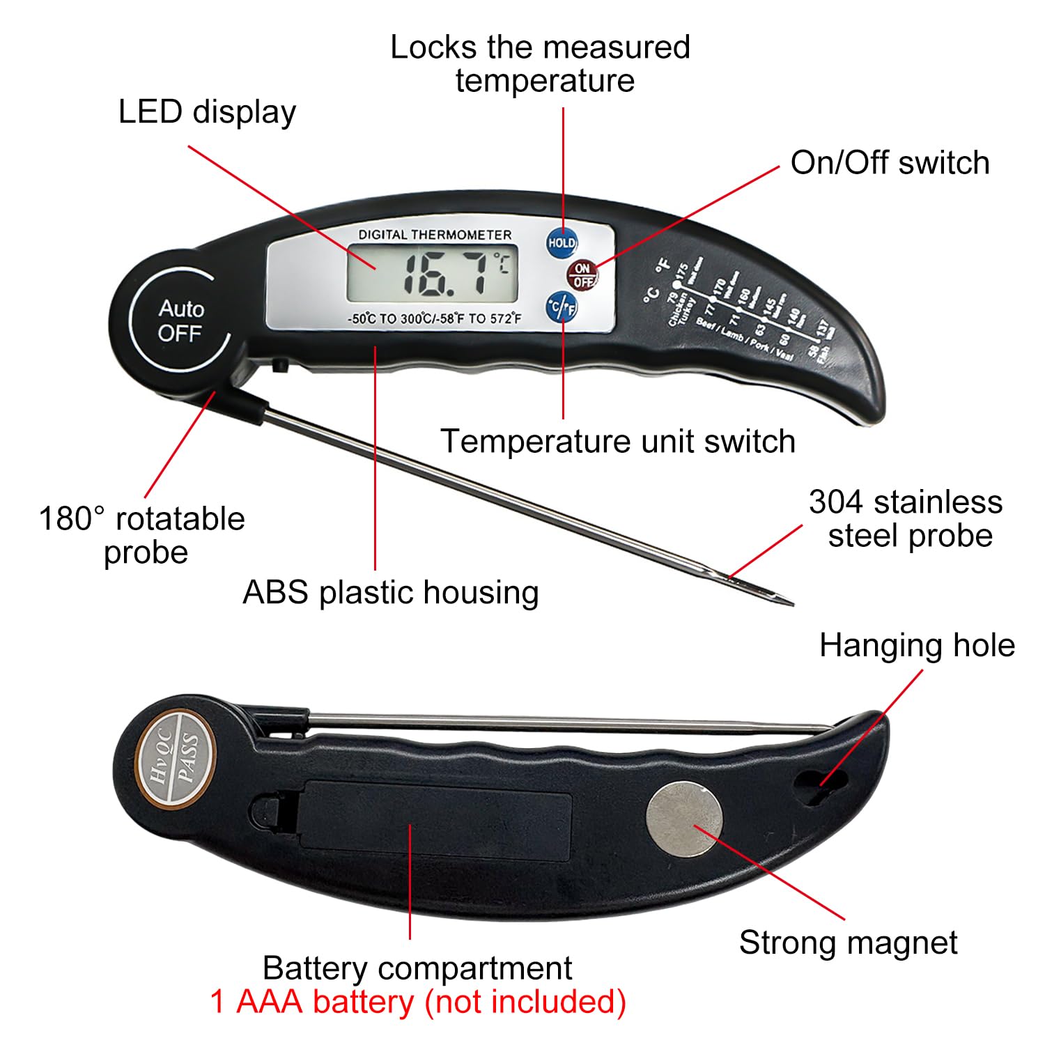 Fleischthermometer Digitales Bratenthermometer Küchenthermometer, Sofort Ablesbares Grillthermometer, LCD Bildschirm und Lange Sonde, für Kochen, BBQ – Bild 3