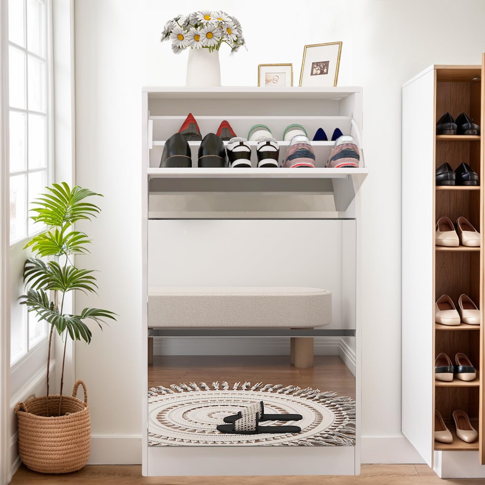 MOOLSUN Multi Functional Narrow flip Shoe Cabinet with 3 Doors 2 Drawers,Save Space, Suitable for Entryway and corridors (Mirror Shoe Cabinet)