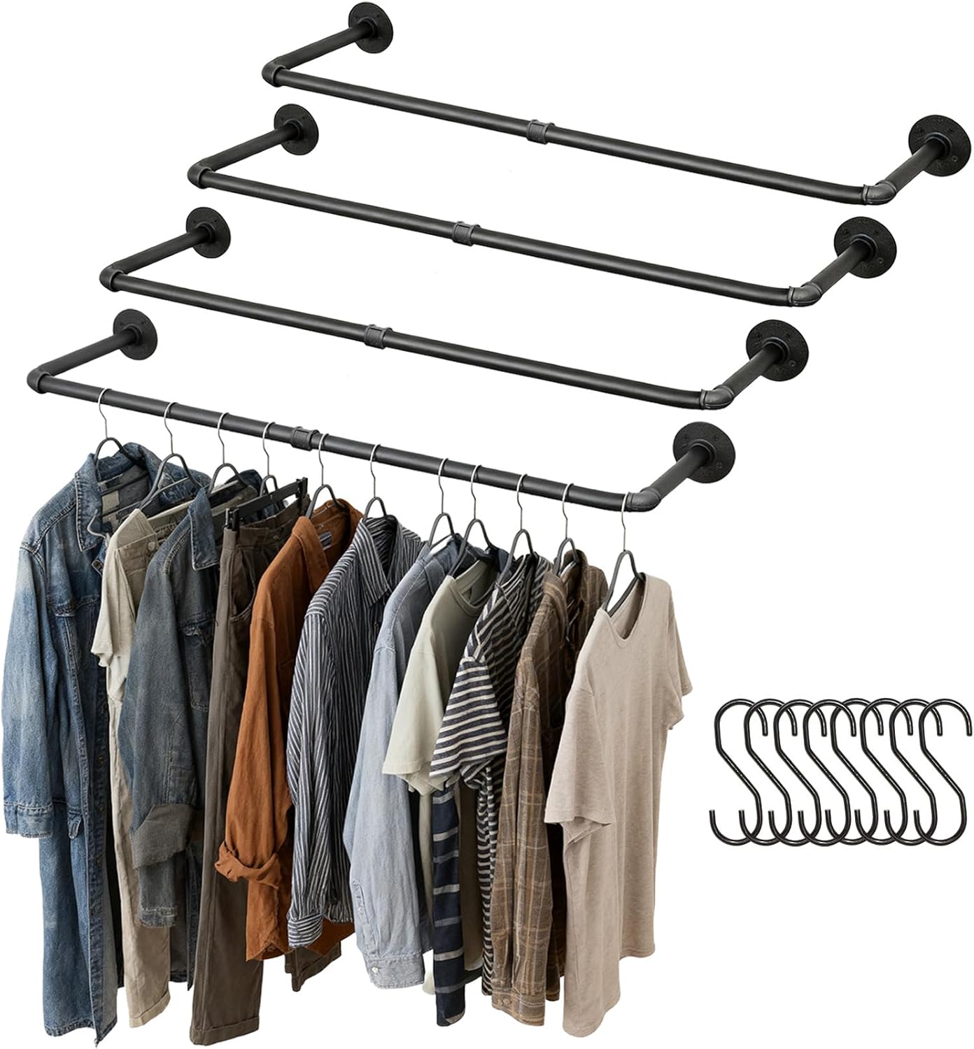 Industrial Duct Clothes Rack, Heavy Duty Wall-Mounted Black Iron Clothes Rod, can be used to hang plants in windows or outdoors, suitable for laundry rooms and wardrobe storage. (4)