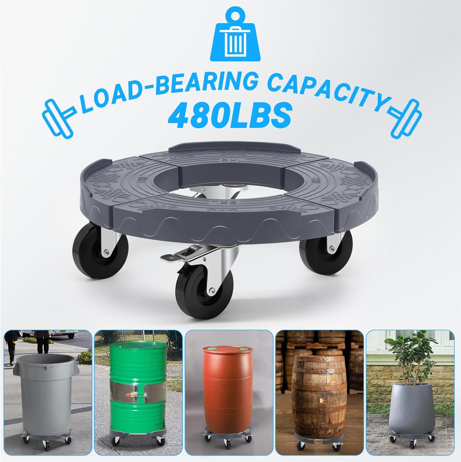 W B D WEIBIDA Upgraded Trash Can Roller Base Adjustable 15-19 Inch Round Dolly with 3” Wheels Heavy Duty 480 lbs Barrel Dollies Multi Functional Drum Cart Large Bucket Dolly