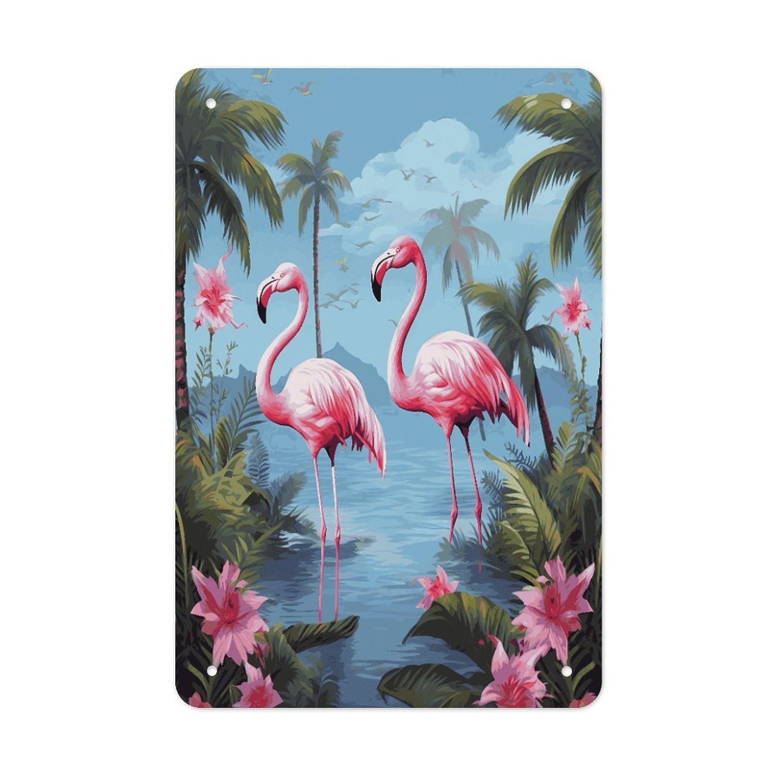 LDGSUPH Tropical Flamingos Wall Art Prints Folded Edge Iron Sheet Painting with Holes for Wall Prints Decorative Picture Metal Signboard Decor Painting for Outdoor Indoor Wall Decor