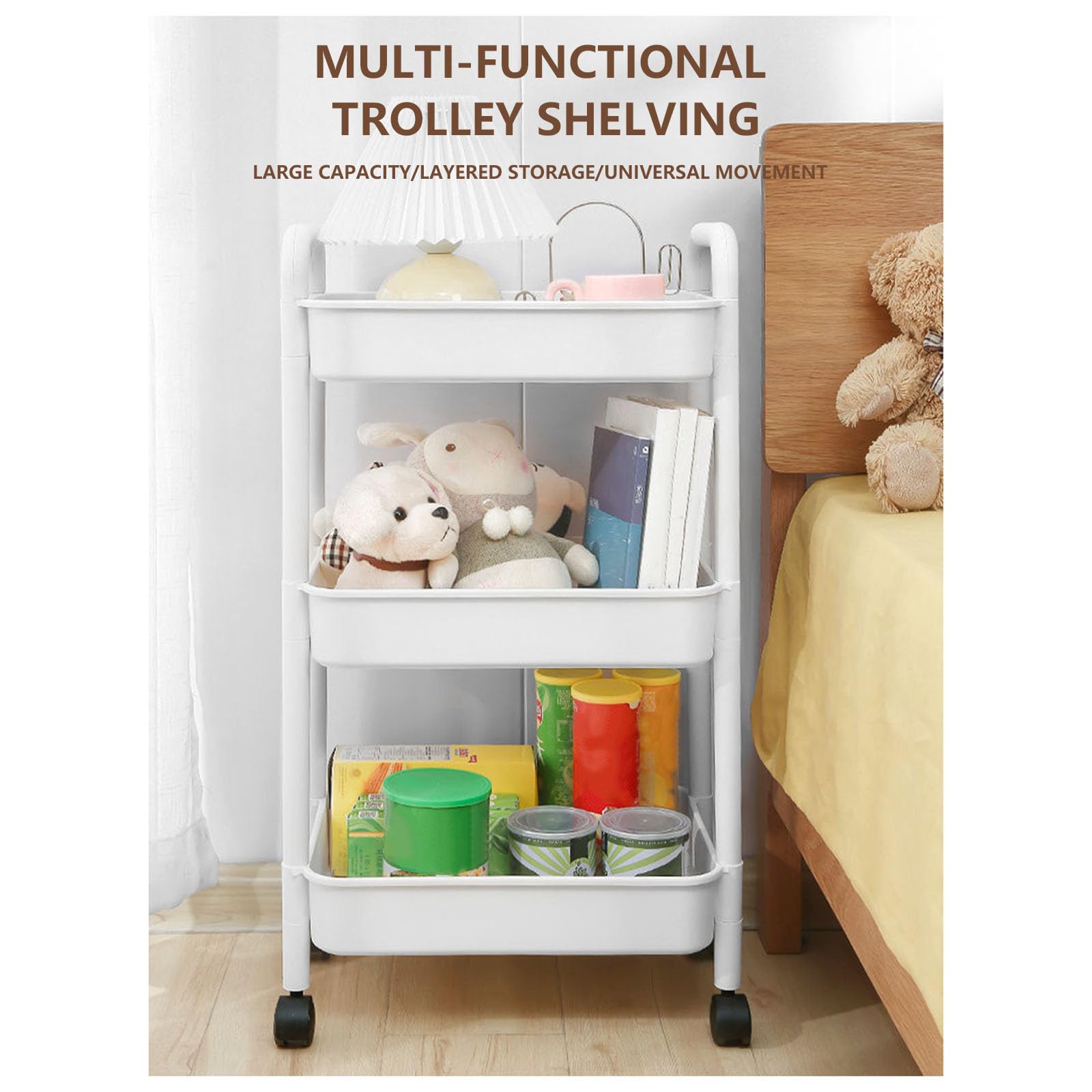 Generisch Carrello portaoggetti a 3 ripiani, carrello da cucina con ruote, organizer multifunzione, girevole a 360°, scaffale mobile, per cucina, camera da letto, camera dei bambini e