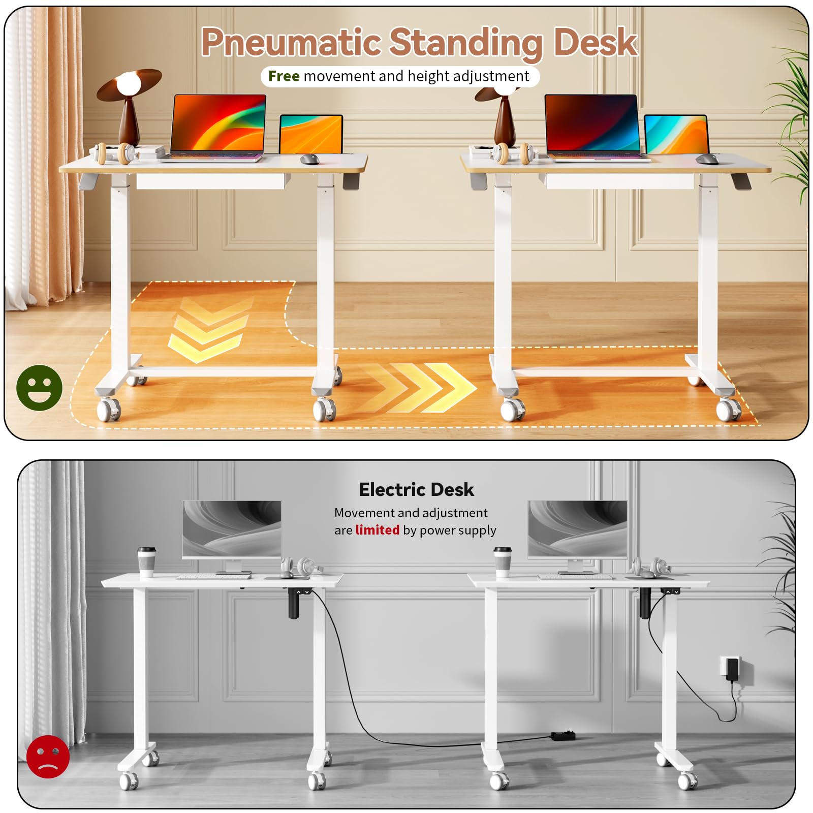 Mobile Standing Desk 35inch Small Rolling Table with Drawer Height Adjustable Sit Stand Workstation White Portable Laptop Cart — view 7