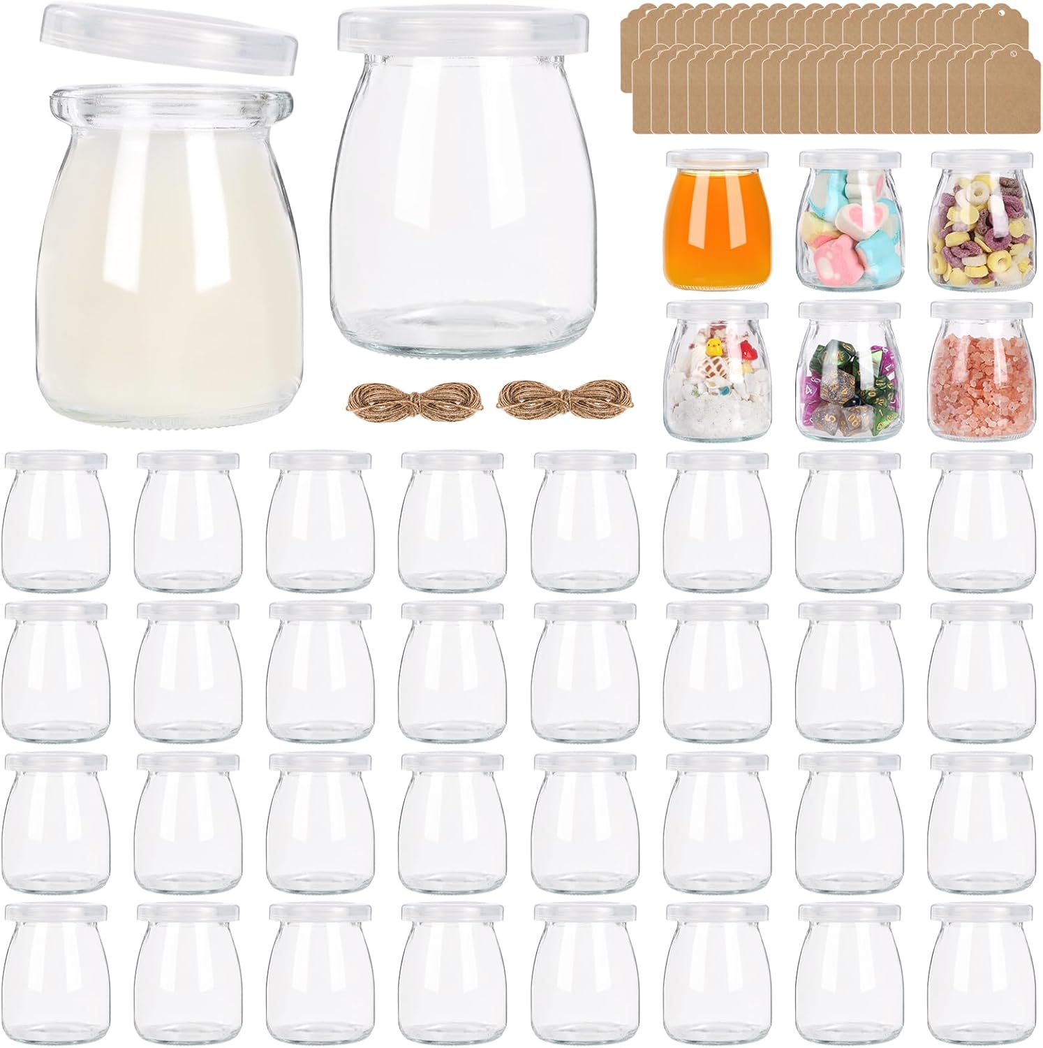 40 Pack 6.7 oz Mini Glass Jars with PE Lids - Small Yogurt/Pudding Containers for Wedding Favors, Honey, Spices & DIY Crafts (Includes Labels & String)