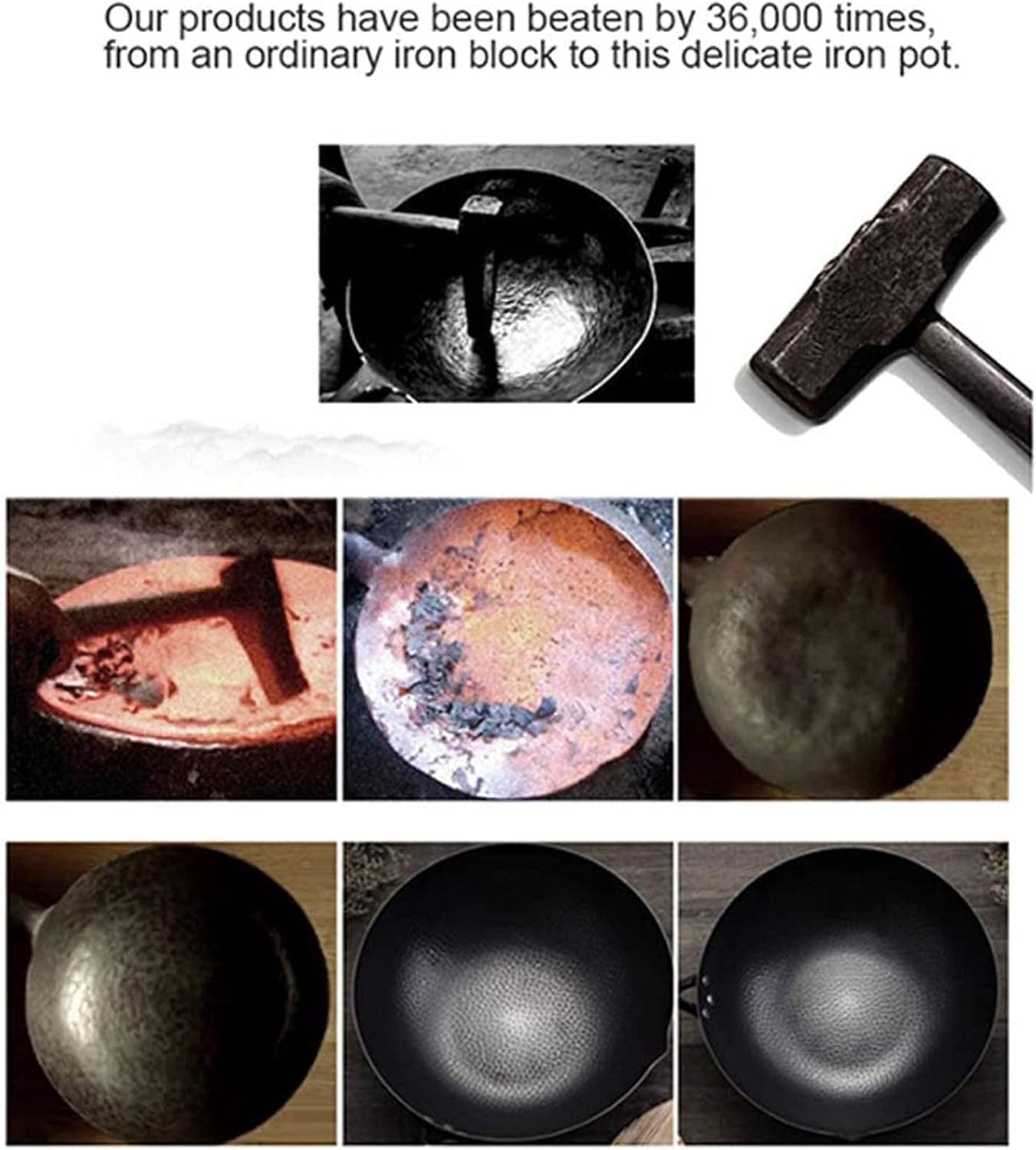 木製ハンドル付きハンマー加工中華鍋、中国製鉄鍋、32cmコーティングされていないフライパン、誘導電気天然ガスに適したフライパン-Aフ