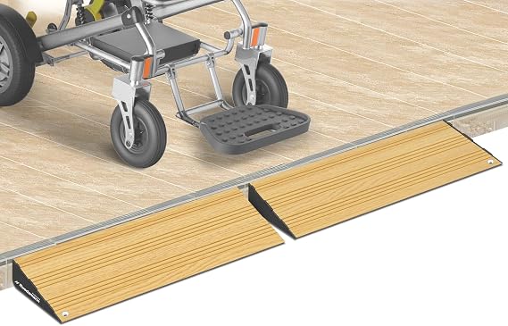Ruedamann 1 Rise 2200 LBS Load Capacity Aluminum Modular Threshold Ramp | 2 Pcs Wheelchair Ramp for Home Steps, Heavy-Duty Door Ramp for Walkers, Scooters, Lawn Mowers, Cars, Light Wood Grain