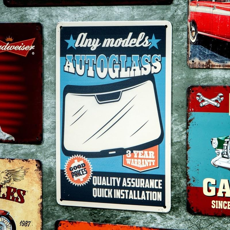 Image of Eazywagon Decorative Retro Metal Signs Wall Plate - 12x8 Inch (Autoglass) | Weatherproof Vintage Metal Sign Plate for Cafe, Home, Bar, Garage | Decorative Wall Hanging Sign Board