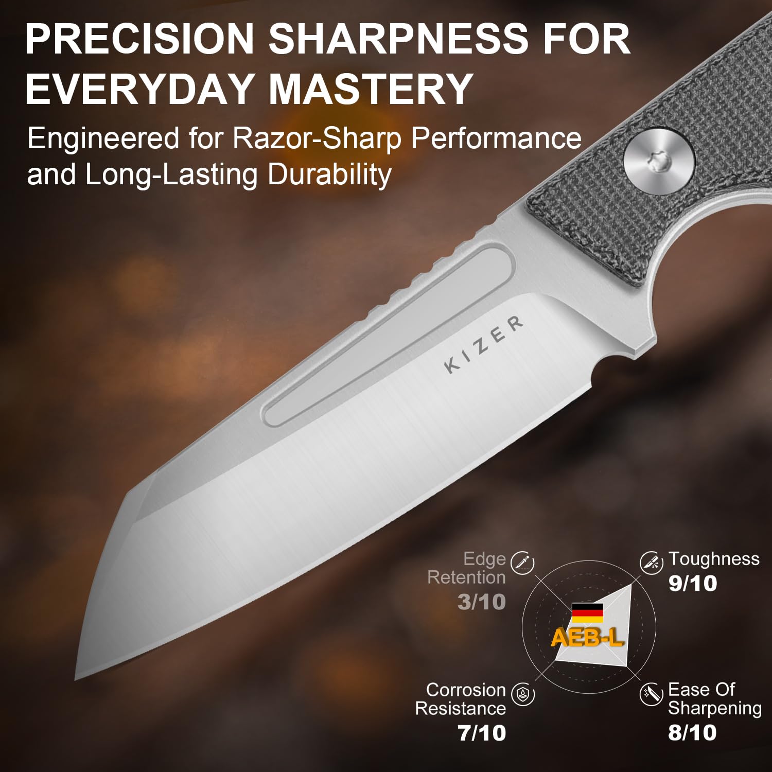 Kizer Phasmids Cuchillo de Hoja Fija con Funda, Hoja de Acero AEB-L de 7 cm, Cuchillo de Camping de Espiga Completa con Mango de Micarta Negra, Cuchillos EDC para Senderismo 1079A3