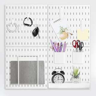 Tanlade 16 Pcs Pegboard Wall Organizer Kit Peg Board Organizer Accessories, Include Display Peg Boards for Walls with Wall Mounted Storage Bins Shelf Hook Clip for Craft Room Garage Home Office, White