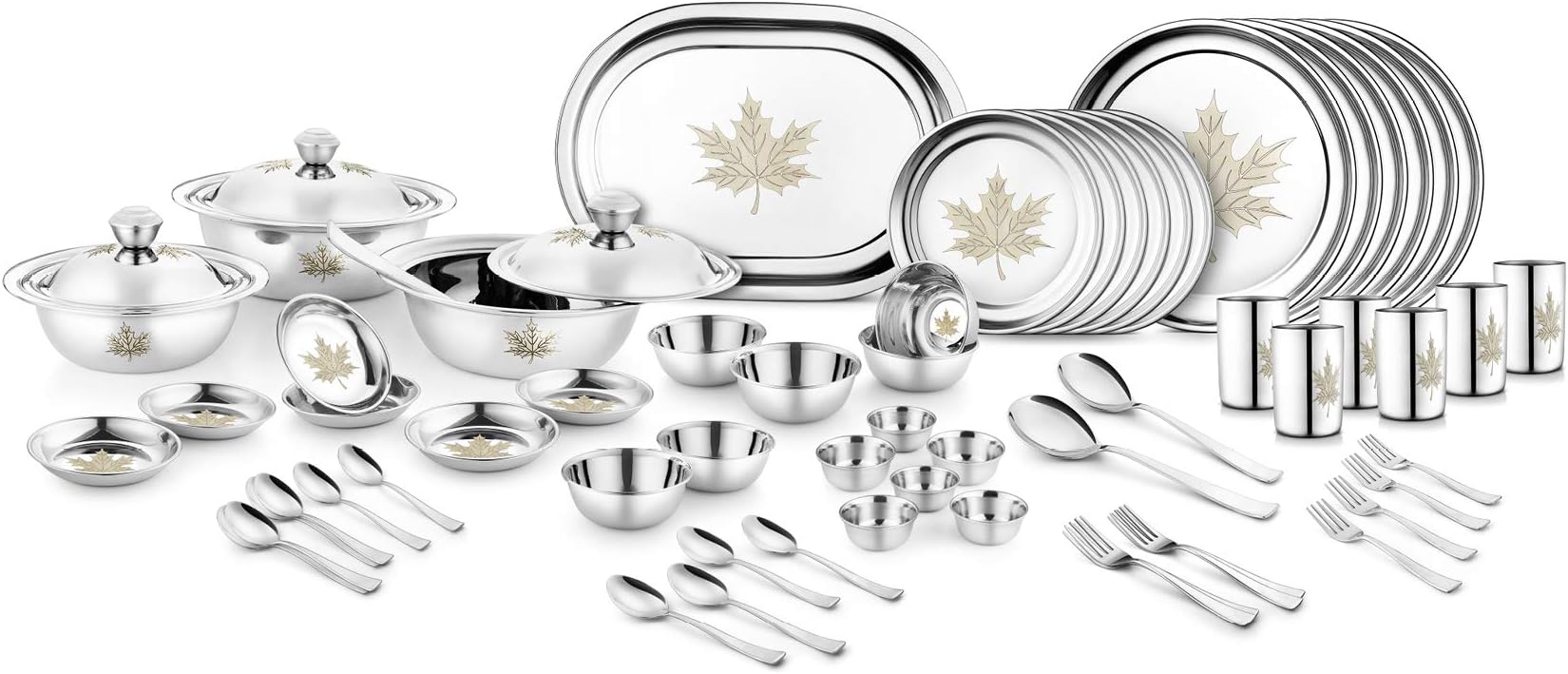 Jensons Stainless Steel Maple Dinner Set -68 Pcs-Silver- Heavy Gauge with Permanent Laser Design