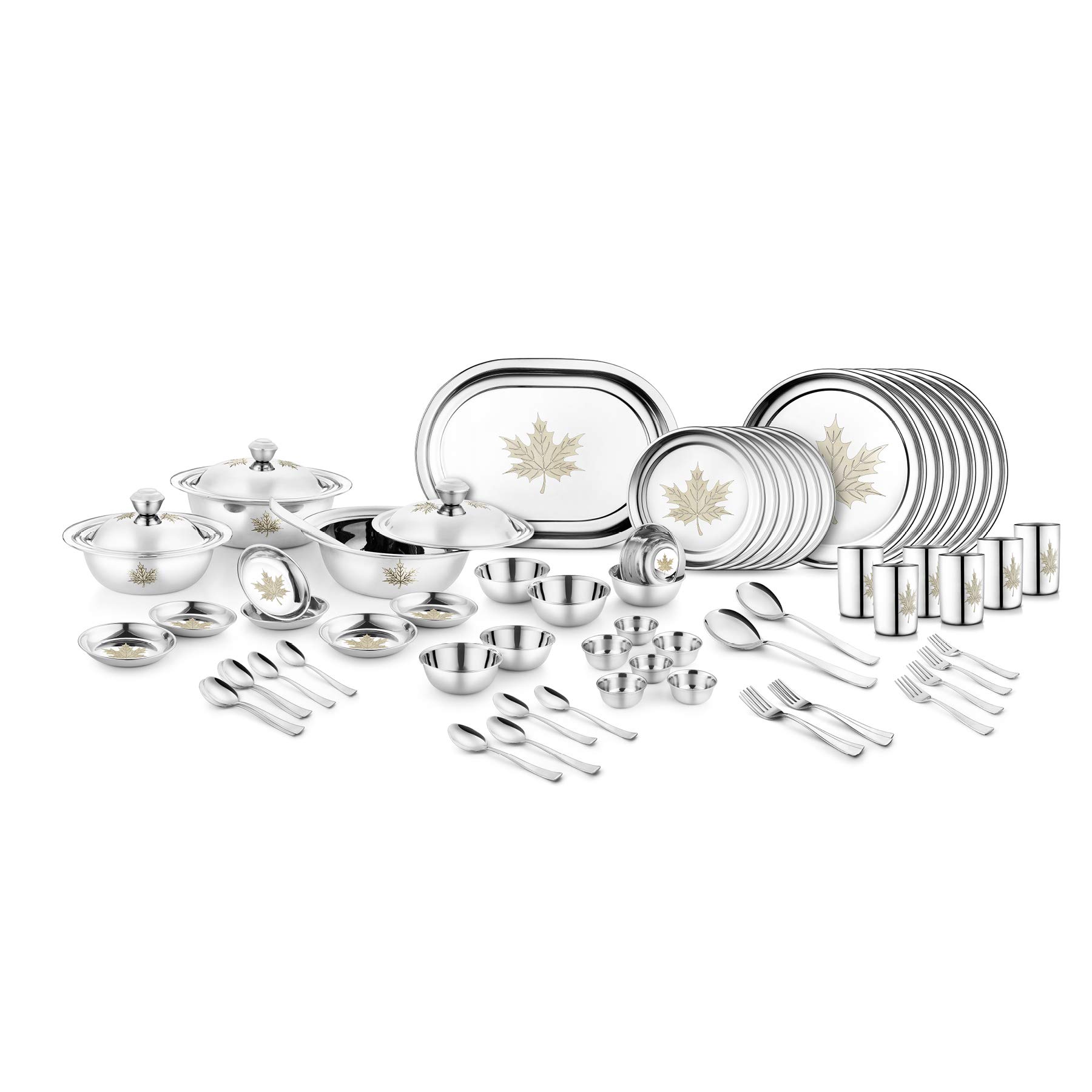 Jensons Stainless Steel Maple Dinner Set -68 Pcs-Silver- Heavy Gauge with Permanent Laser Design
