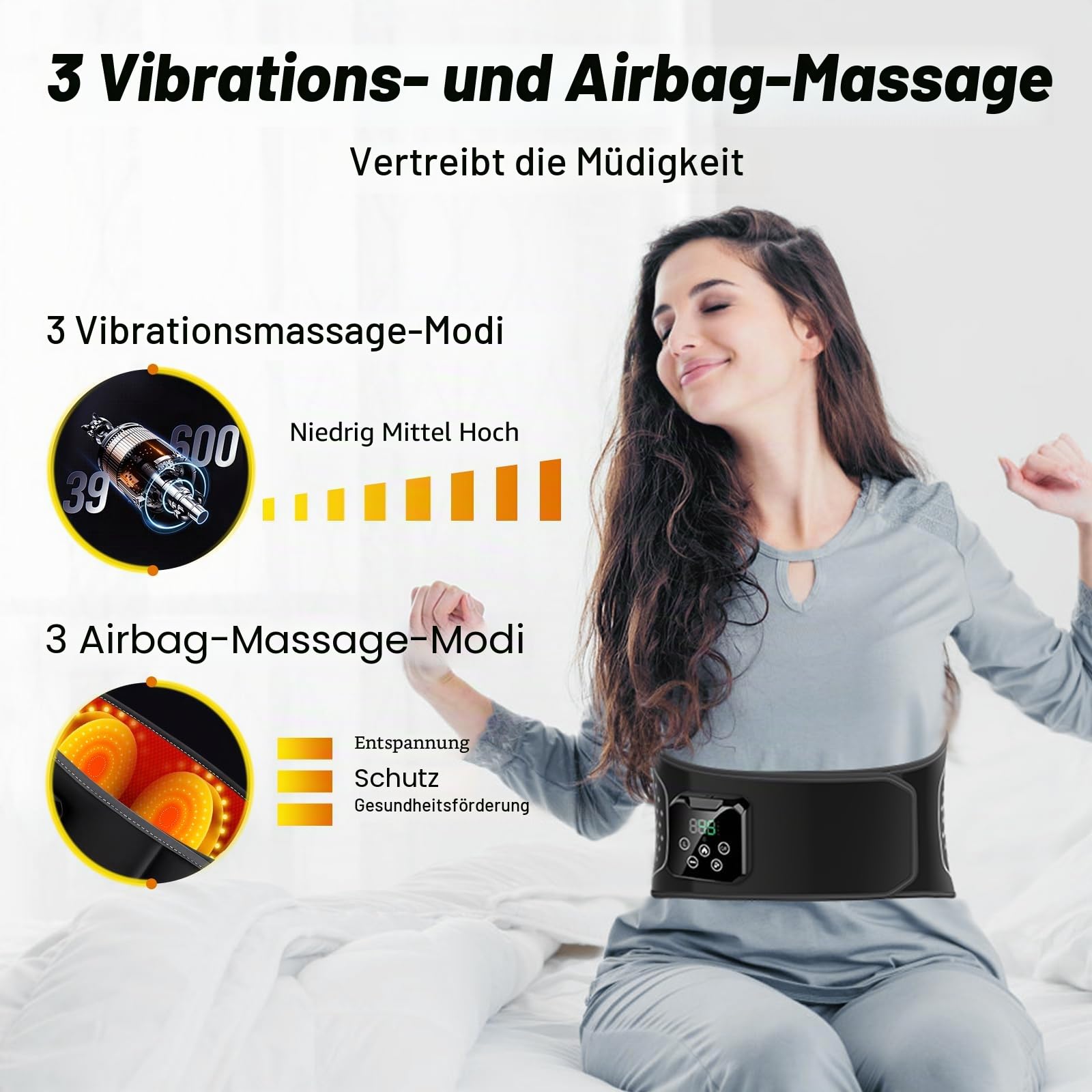 Kabelloser Wärme- und Massagegürtel für den Rücken, Heizkissen für Lendenwirbelsäule mit 3 Luftdruck-Massage Modi & 4 Wärmestufen, Linderung von Rückenschmerzen und Ischias, 4000 mAh Akku
