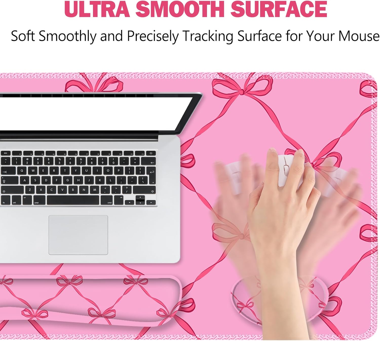 ToLuLu Large Mouse Pad Desk Pad Set, Wrist Rest Support Desk Mat for Keyboard Mouse, 4PCS 35.4”x15.7 XXL Giant Mouse Pad, Non-Slip Base Stitched Edges Mousepad Office Desk Decor, Hot Pink Bow