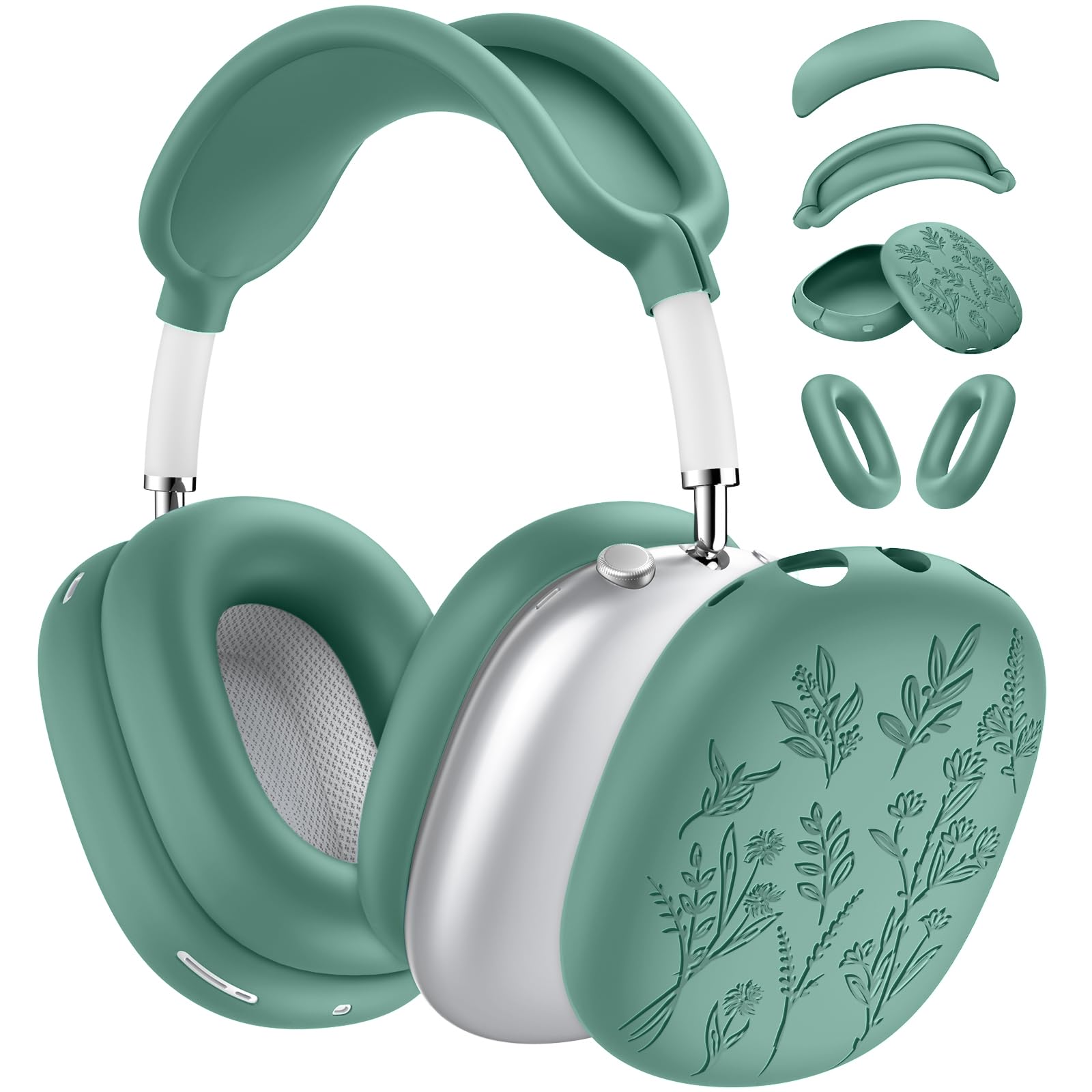 [4 in 1] Flower Engraved Silicone Case Cover for AirPods Max USB-C (2024), Anti-Scratch Sweat-Proof Ear Pad Case Cover/Ear Cups Cover/Headband Cover