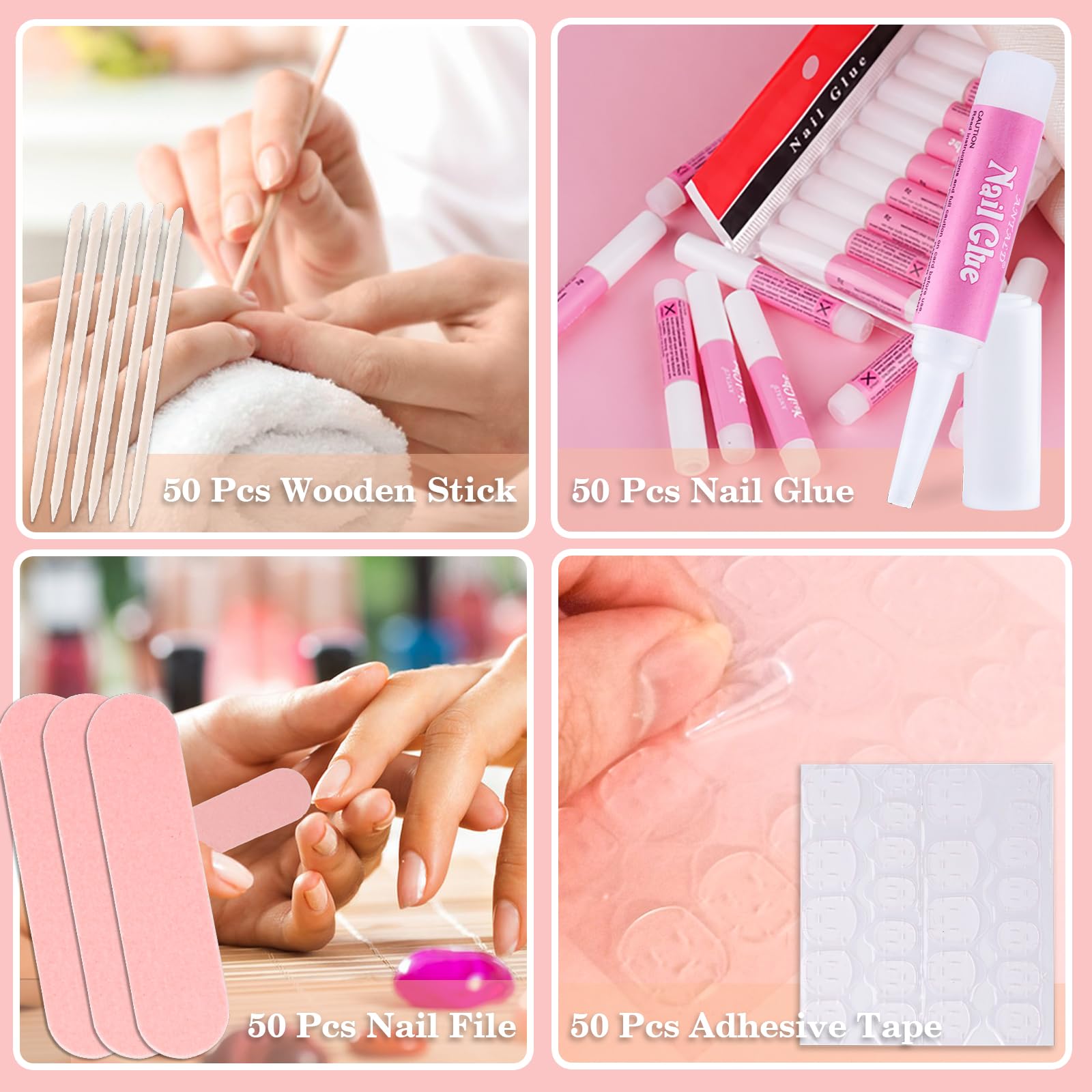 Kit de herramientas de uñas a presión para negocios de uñas, kit desechable con lima de uñas, pegamento de uñas, almohadillas de preparación, tarjeta de instrucciones, pestañas adhesivas para uñas,