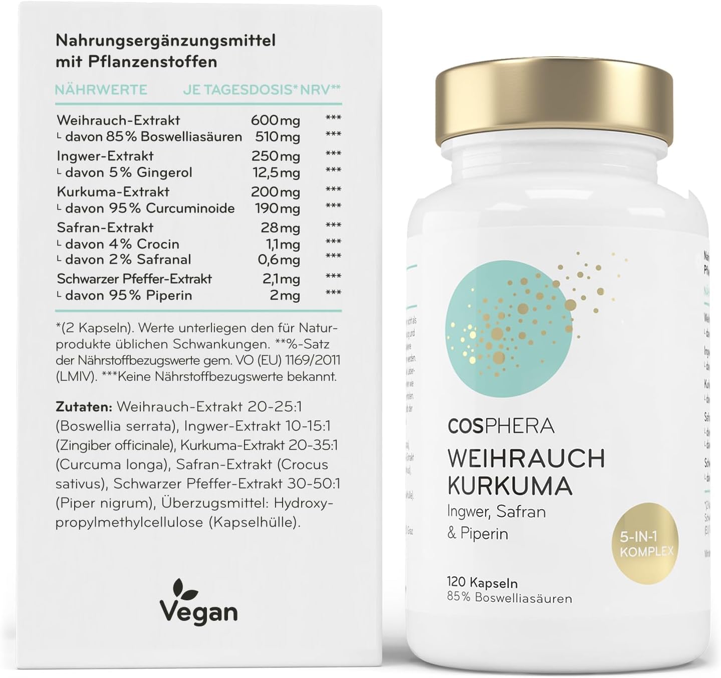 Weihrauchkapseln hochdosiert - Kurkuma, Piperin, Ingwer & Safran - Veganer 5-in-1-Komplex mit Boswellia Serrata (85% Boswelliasäuren) - 120 Kapseln für 2 Monate - COSPHERA