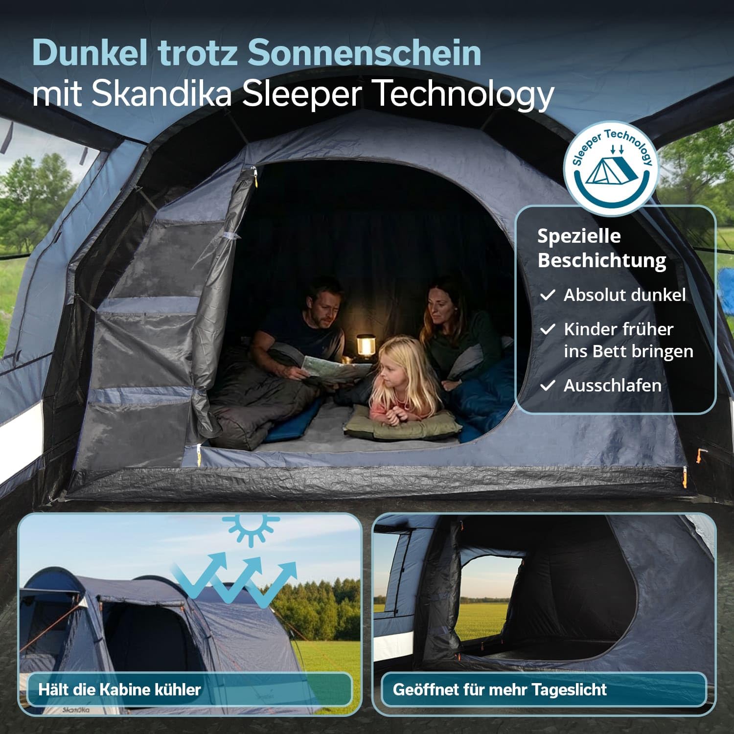 Skandika Tienda de campaña Tipo túnel Kambo Sleeper Protect | para 3/4 Personas - Suelo Cosido - Columna de Agua de 3000 mm - 3 entradas - toldo