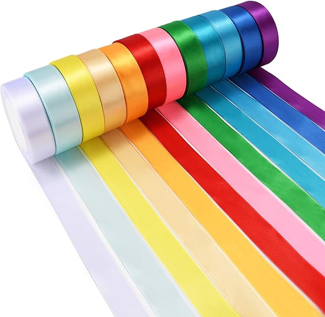 Wtrcsv 12 Colour Satin Ribbon Rolls 25mm X 23 Metres/Roll,Double Sided Polyester Ribbons Roll Woven Ribbon for Gift Wrapping,Fabric,DIY Crafts,Bows,Bouquets,Party Wedding Ribbons Garlands Decor