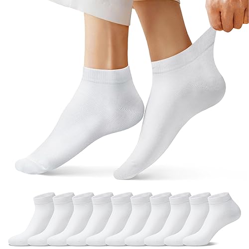 Laysblen 10 Pairs Ankle Socks for Men Women Cotton Breathable Low Cut Short Socks Classic Black White Size 9-12 - 9.5-11.5 - White 10 Pairs