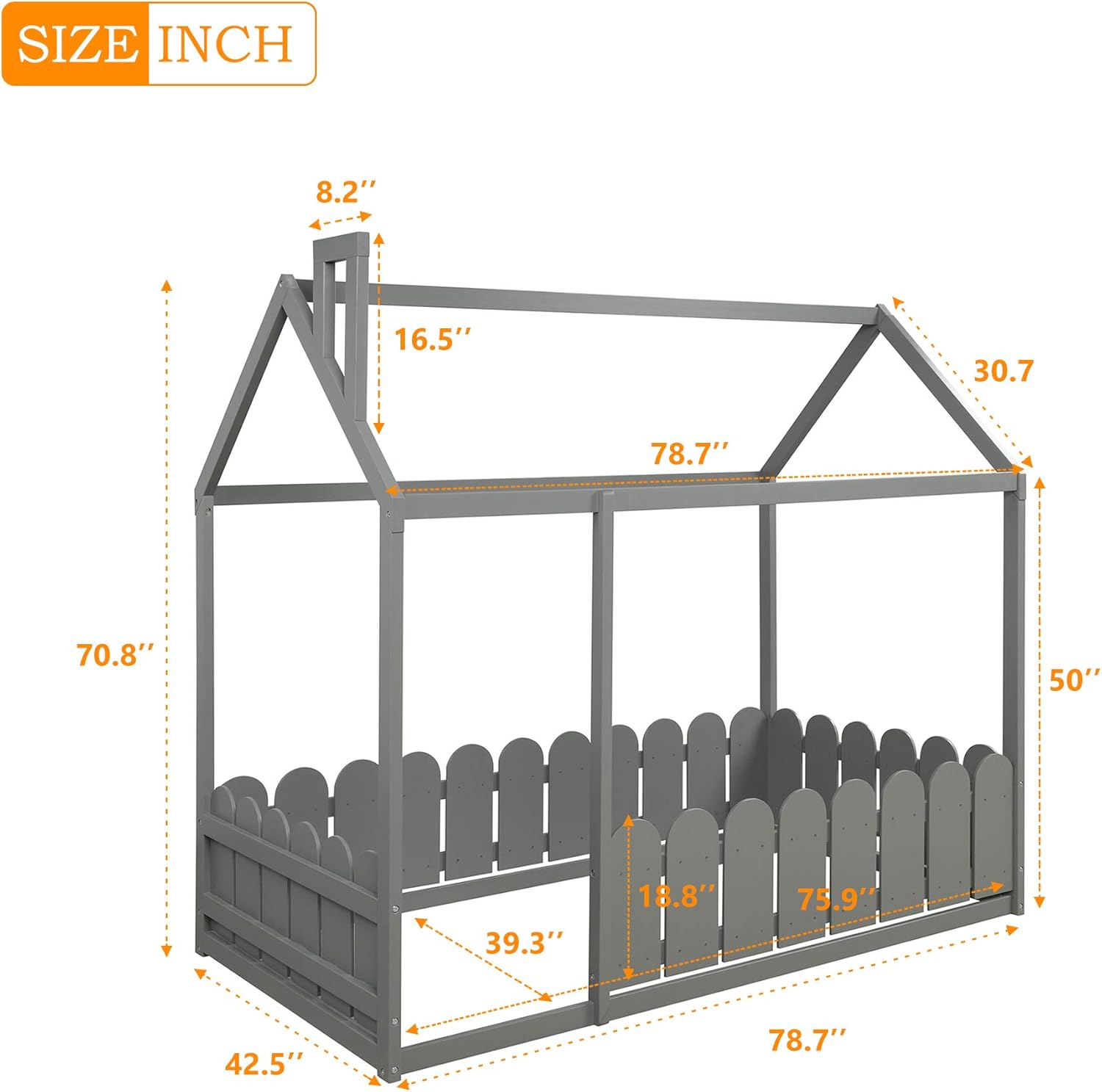 House Bed with Fence Railings House Bed Wood Bed Frame with Roof and Fence for Kids, Teens, Girls, Boys (Twin, Gray)