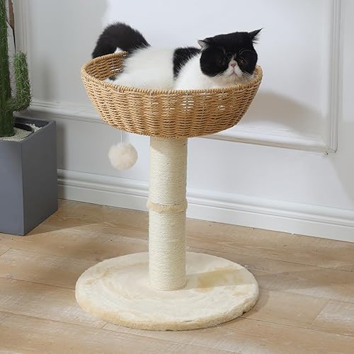 Vista 11 de SHENGOCASE Torre de árbol para gatos con cesta de mimbre de ratán, 3 cestas nido grandes tejidas a mano, percha de ventana para gatos grandes