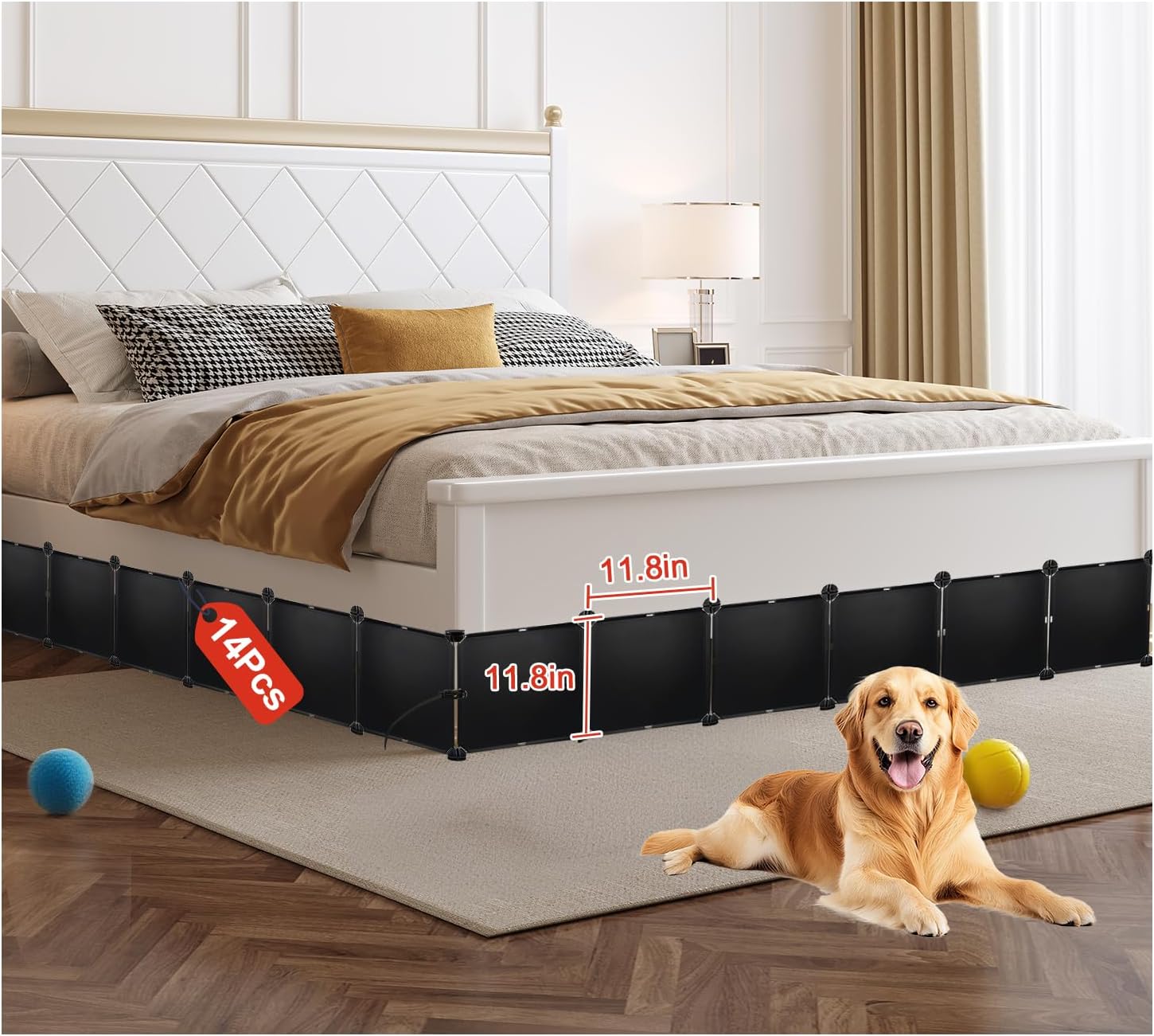 LEICHTEN 11.8" H x 166" L Total Under Bed Blocker for Pets, Adjustable Length Under Bed Blocker, Stops Pets Sneaking Under, Fits Queen, King Beds (Two Sides), Black