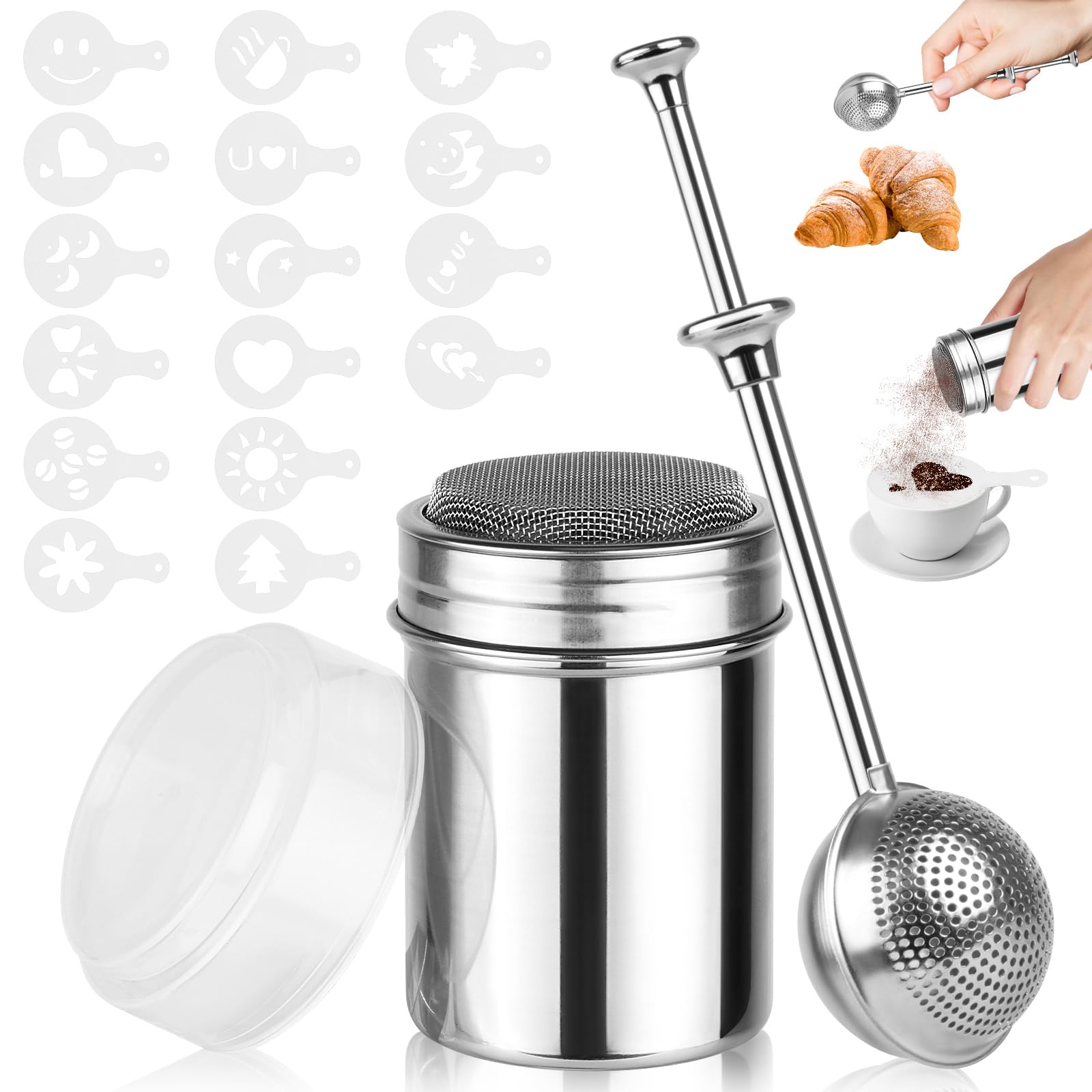 2 pack powdered sugar shaker duster stainless steel cinnamon sugar shaker amp flour duster set spring flour sifter with 16pcs coffee stencils for baking coffee