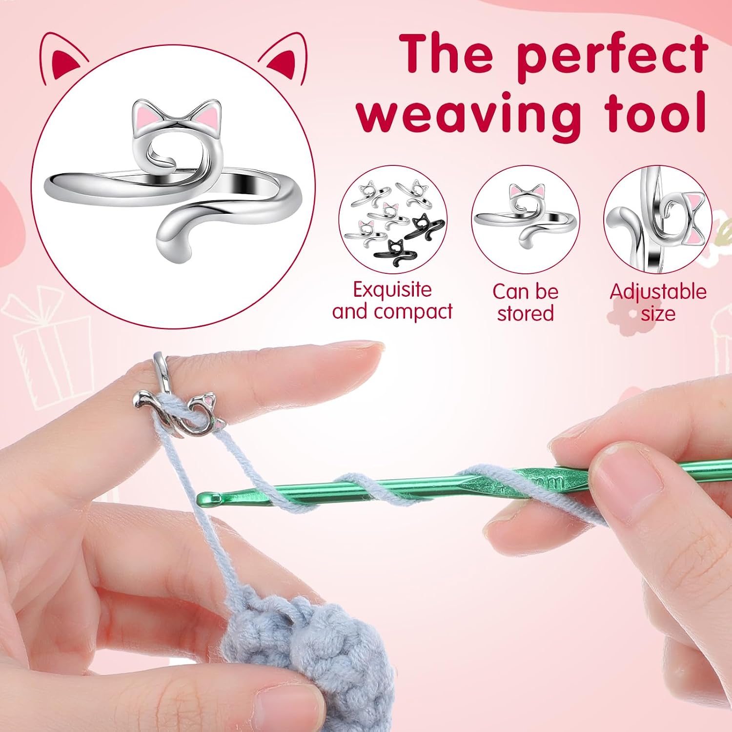 Tyqour 6Pcs Crochet Rings for Tension Cute Cat Ring Adjustable Crochet Ring for Finger Metal Open Yarn Guide Crochet Rings Braided Faster Knitting Accessories for Crochet Mother Grandma Gifts image 2