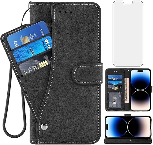 Asuwish Funda tipo cartera compatible con iPhone 14 Pro de 6.1 pulgadas y protector de pantalla de vidrio templado, correa para muñeca, soporte para