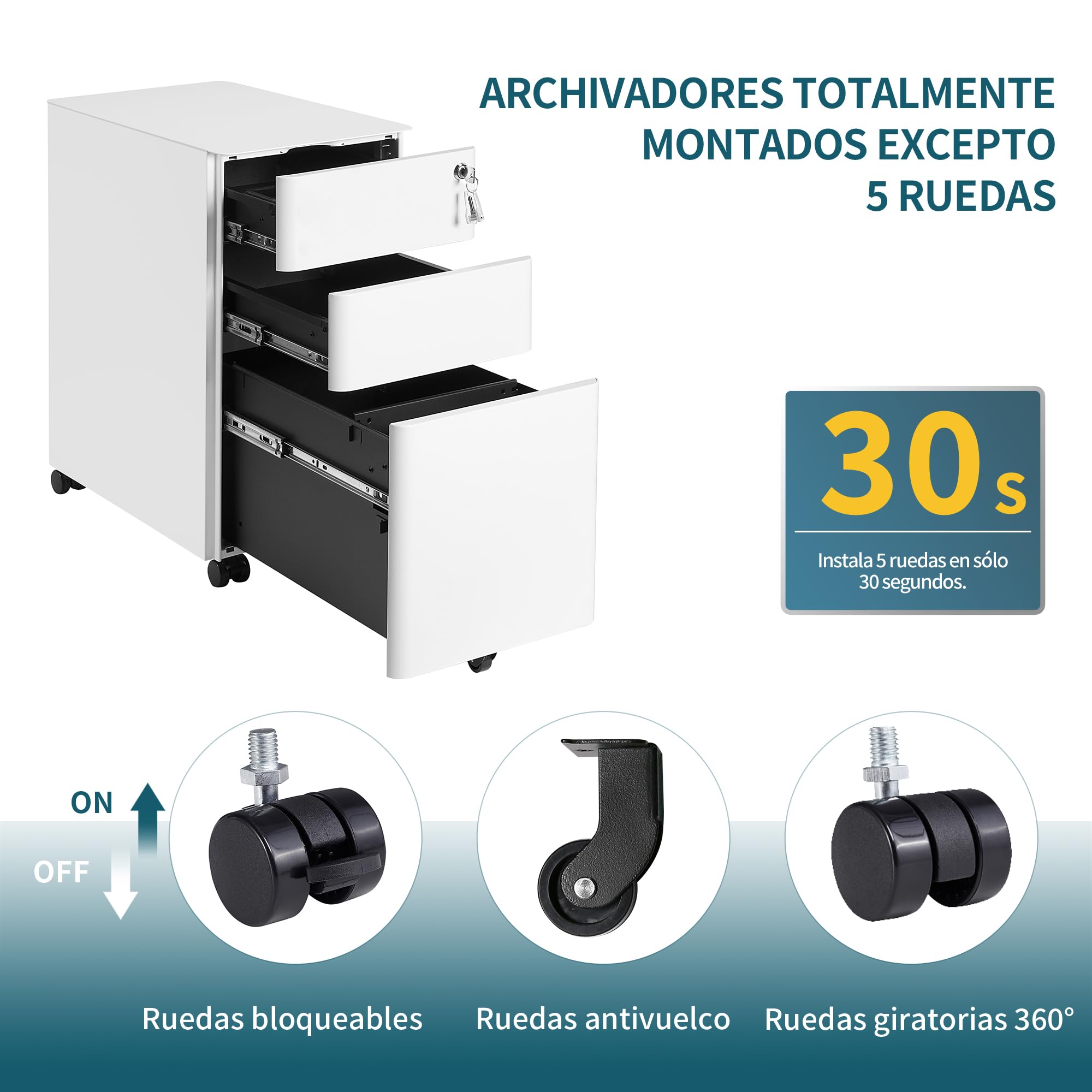 Archivador Móvil, Cajonera de Escritorio Metálica Cerrable, con 4 Llaves, Completamente Ensamblado, para A4/Documentos/Carpetas de Archivo